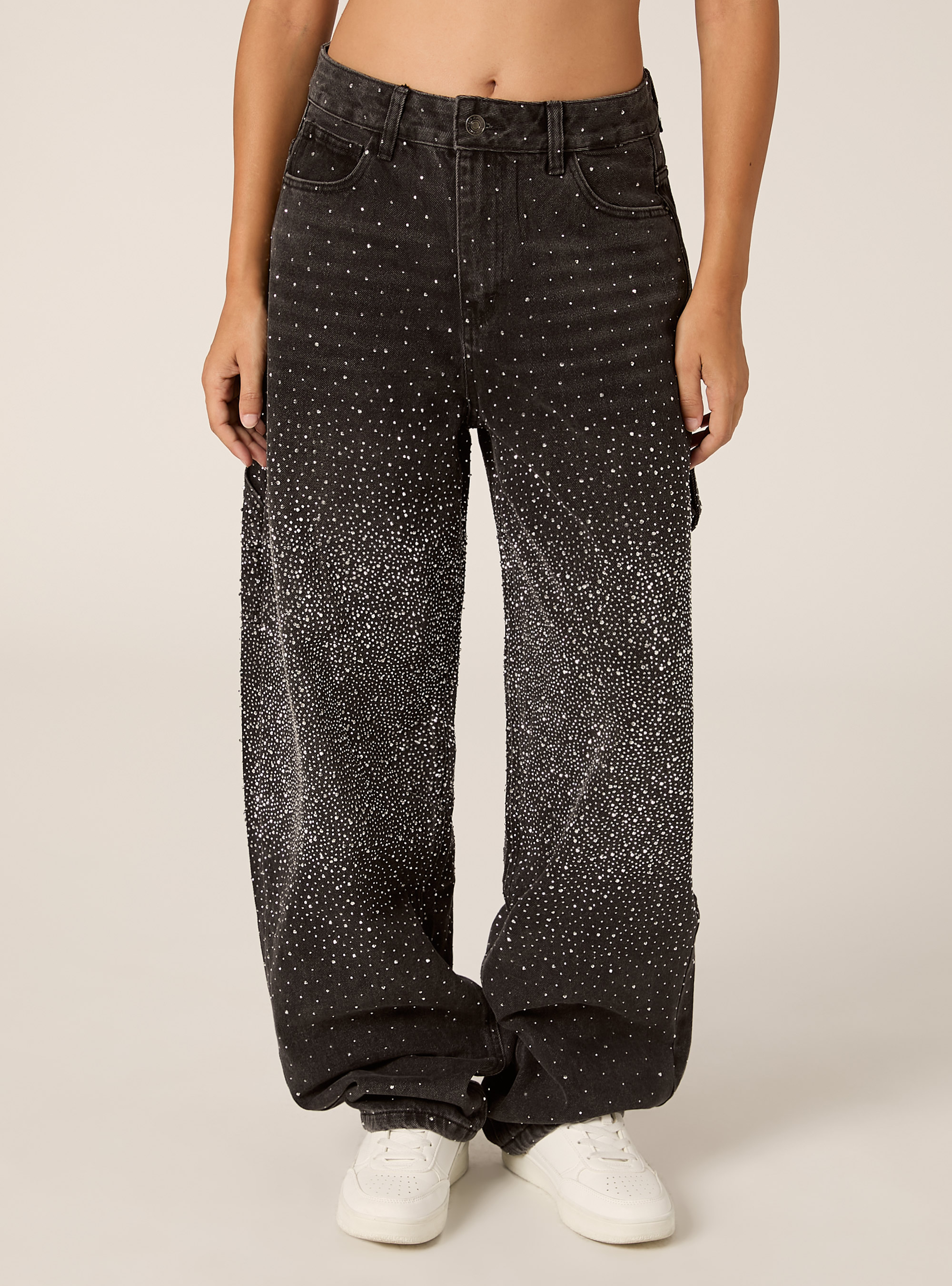 Jean baggy charpentier avec strass, D000 BLACK