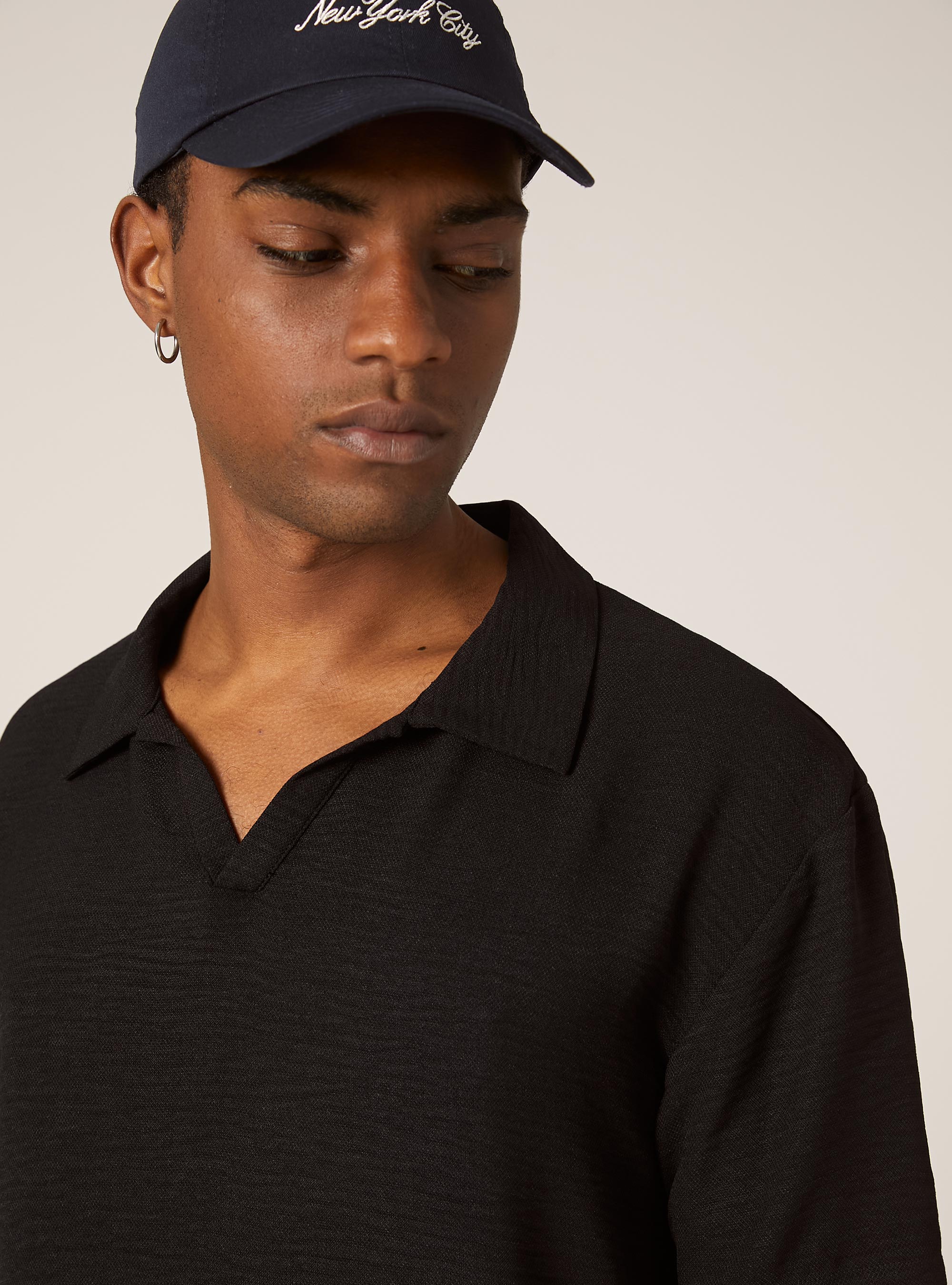 Polo en crepe &agrave; col ouvert, BK1 BLACK