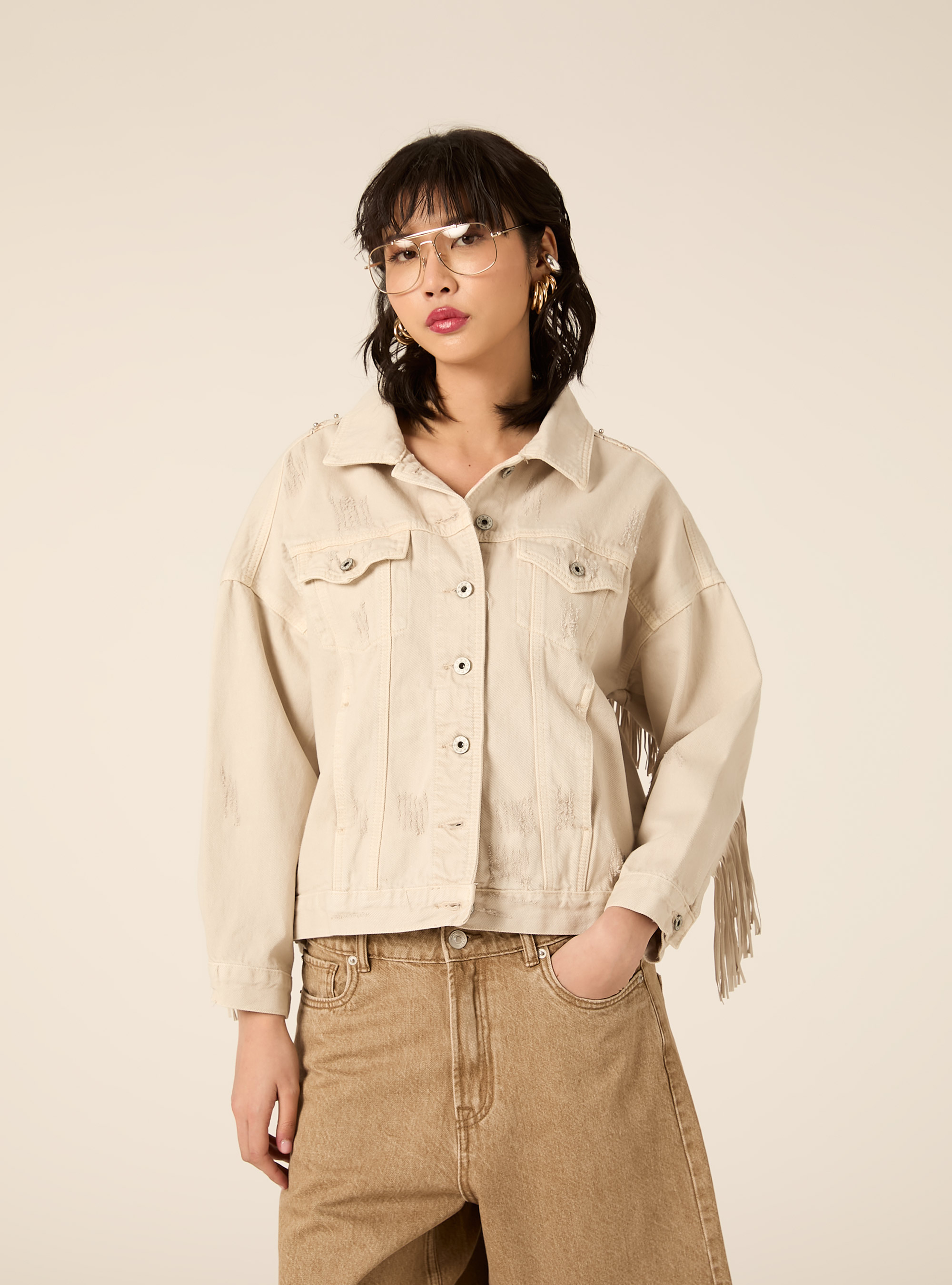 Chaqueta vaquera con flecos, BG3 BEIGE LIGHT