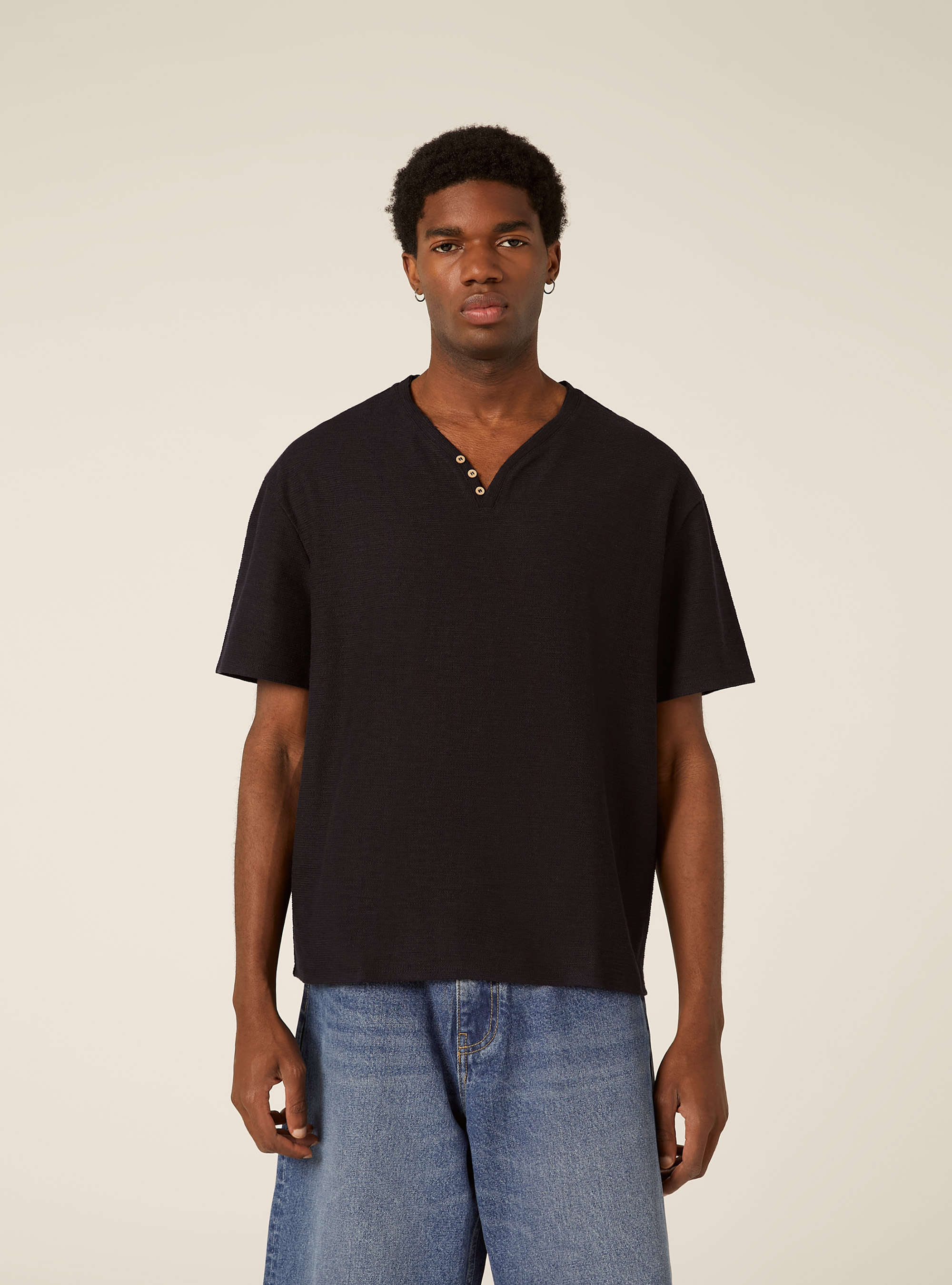 Henley T-shirt in Waffle Fabric, NA1 NAVY DARK