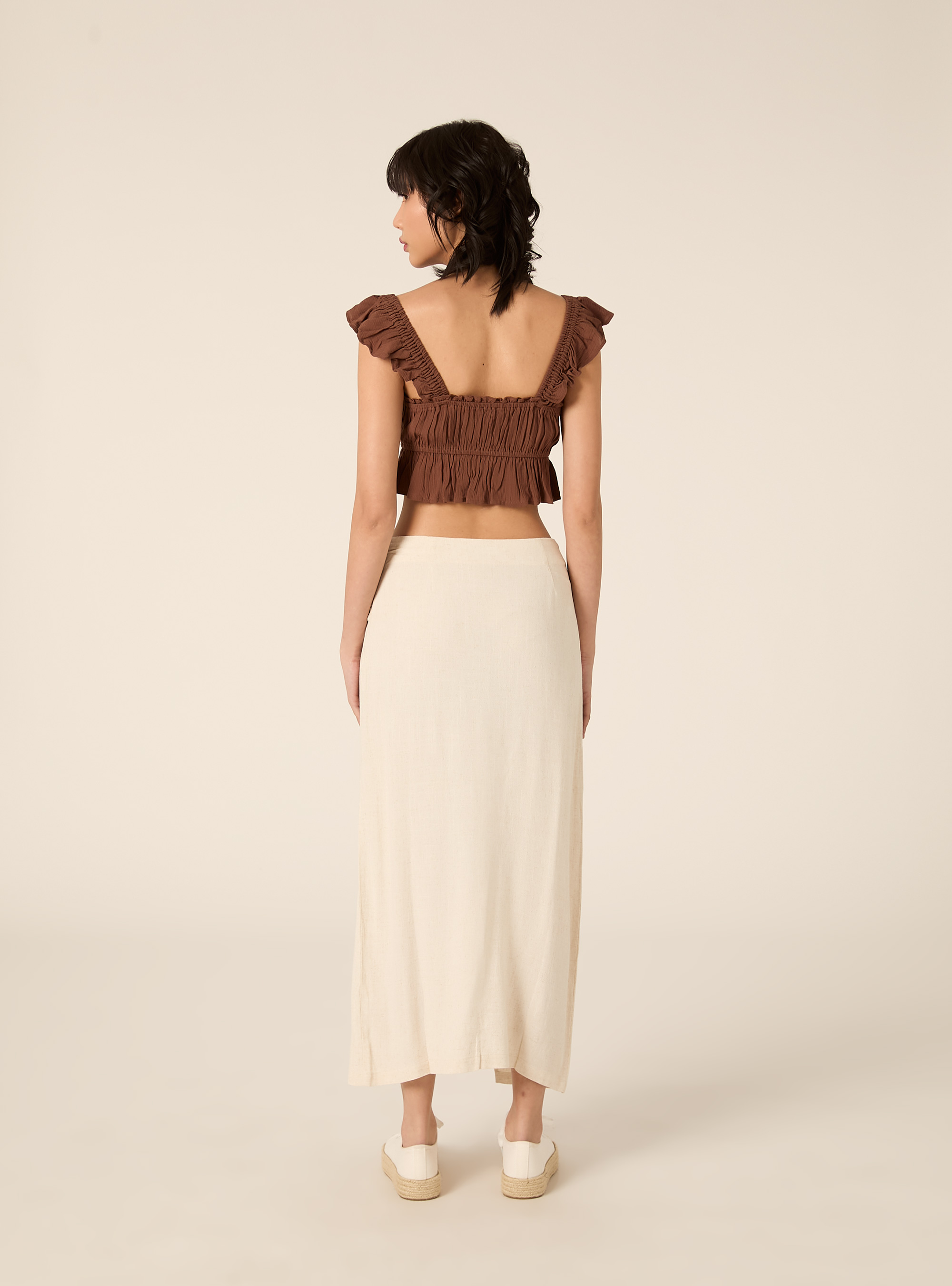Falda midi asim&eacute;trica en mezcla de lino, MBG3 BEIGE MEL LIGHT