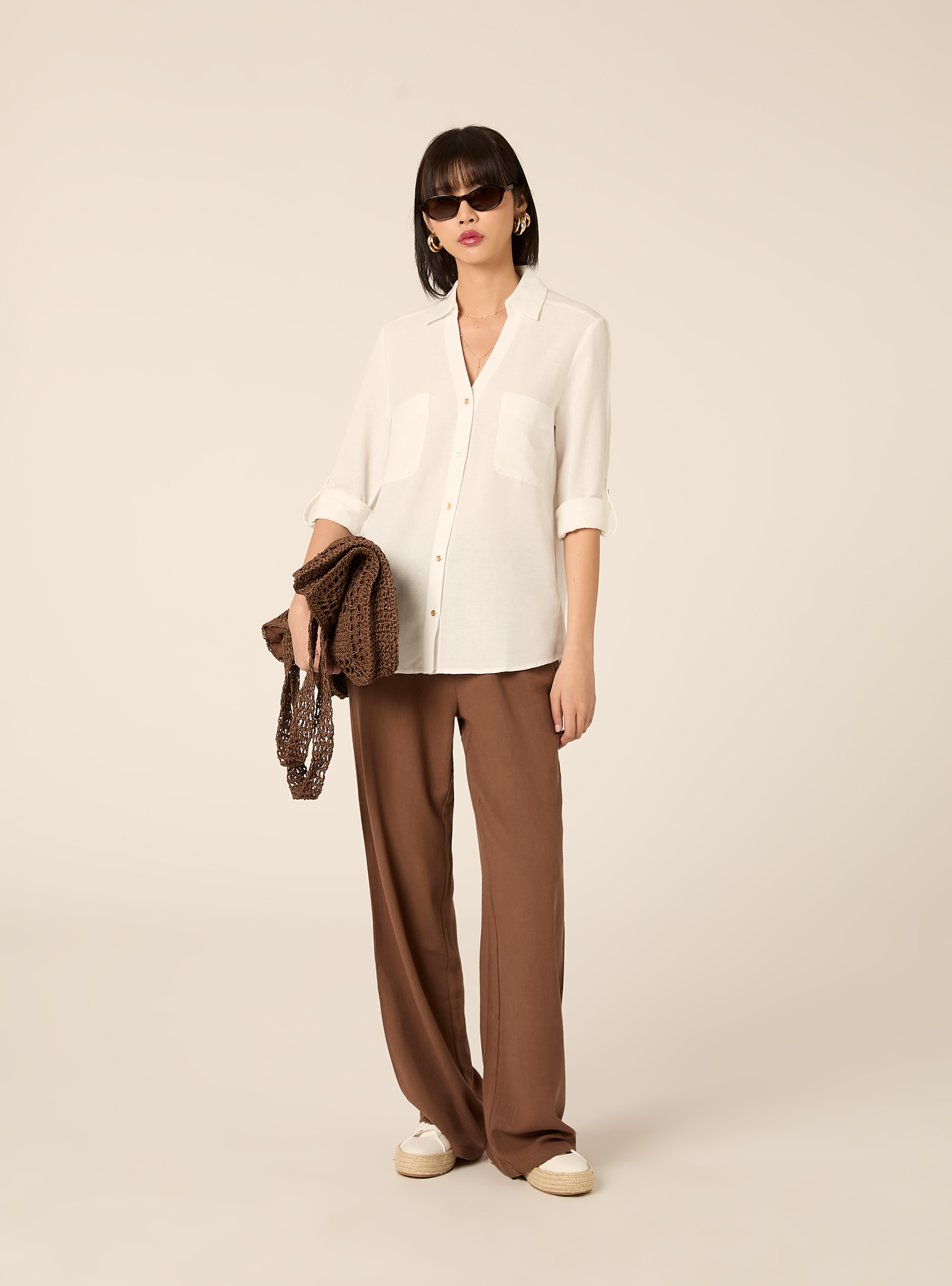 Camisa de mezcla de lino con cuello en V, WH2 WHITE