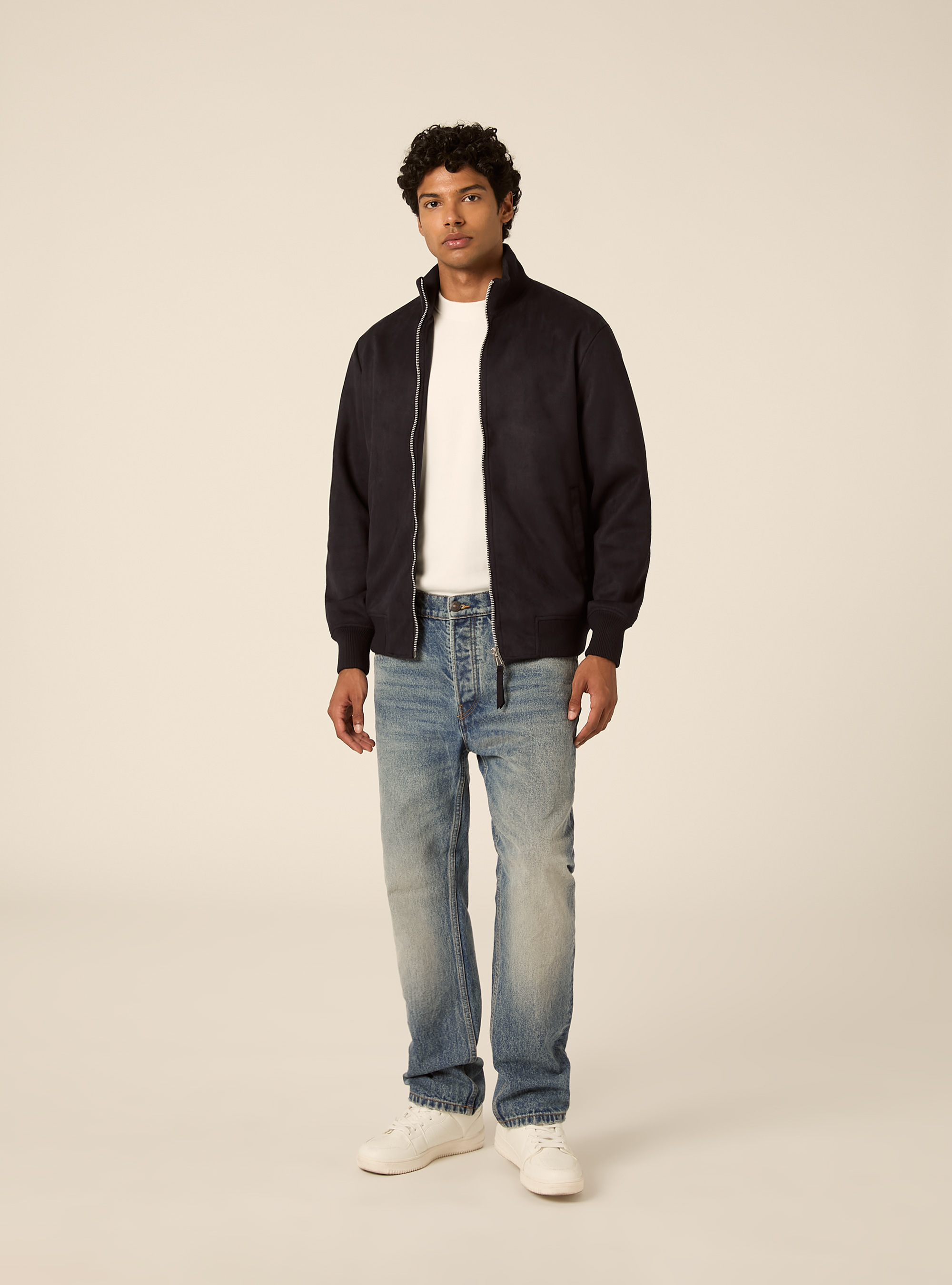 Faux suede high neck zip jacket, NA1 NAVY DARK