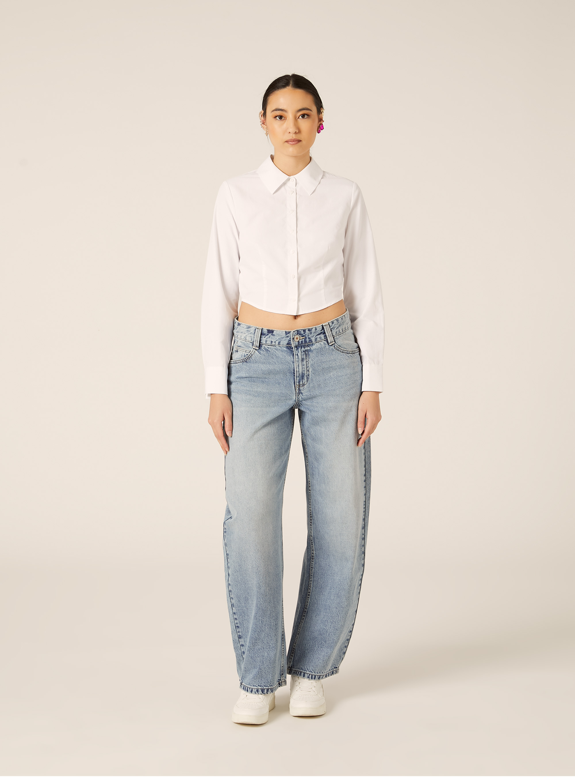Camisa cropped de popelina, WH3 WHITE