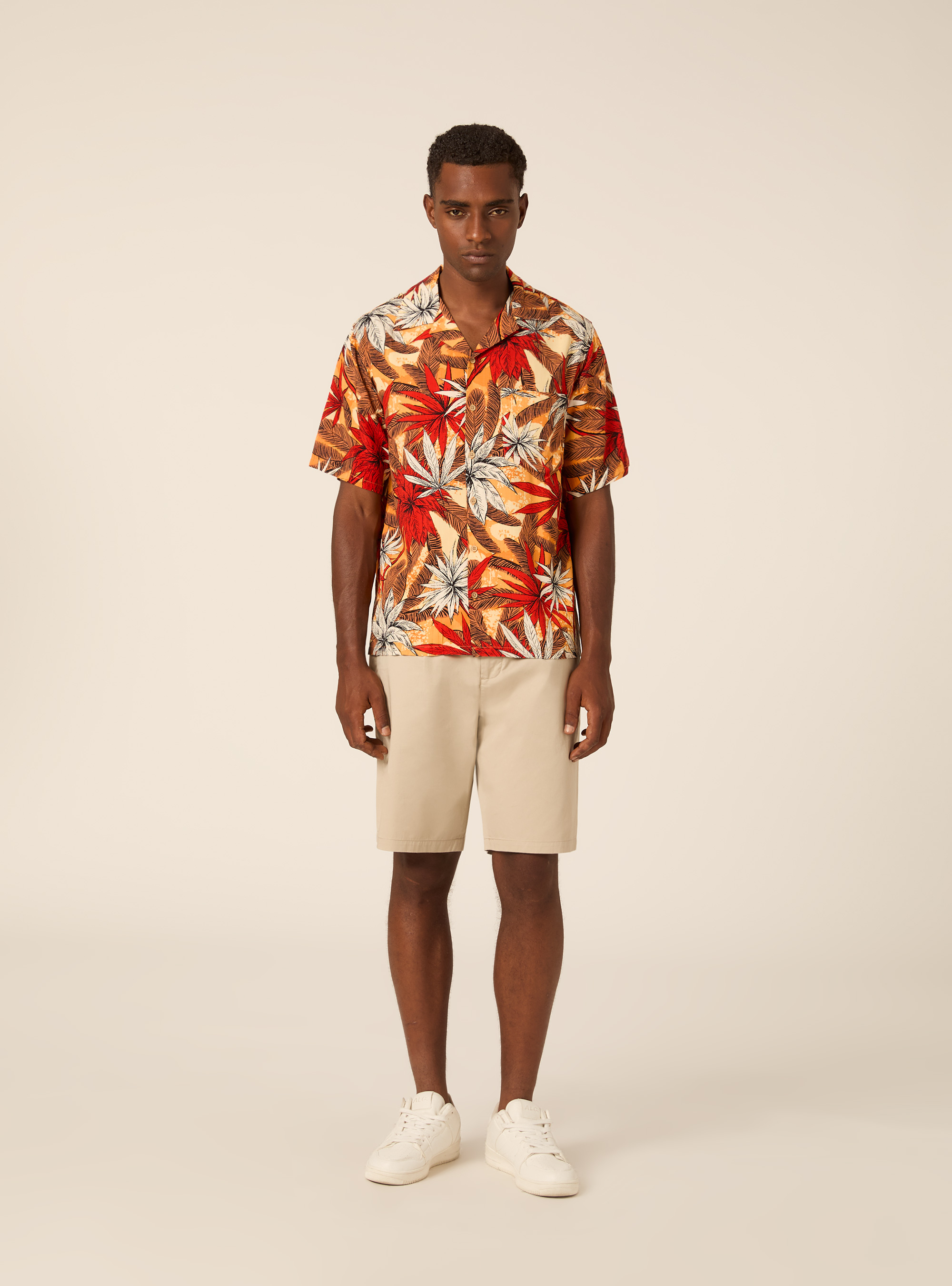 Warm-Toned Tropical Print Bowling Shirt, OR2 ORANGE MED.