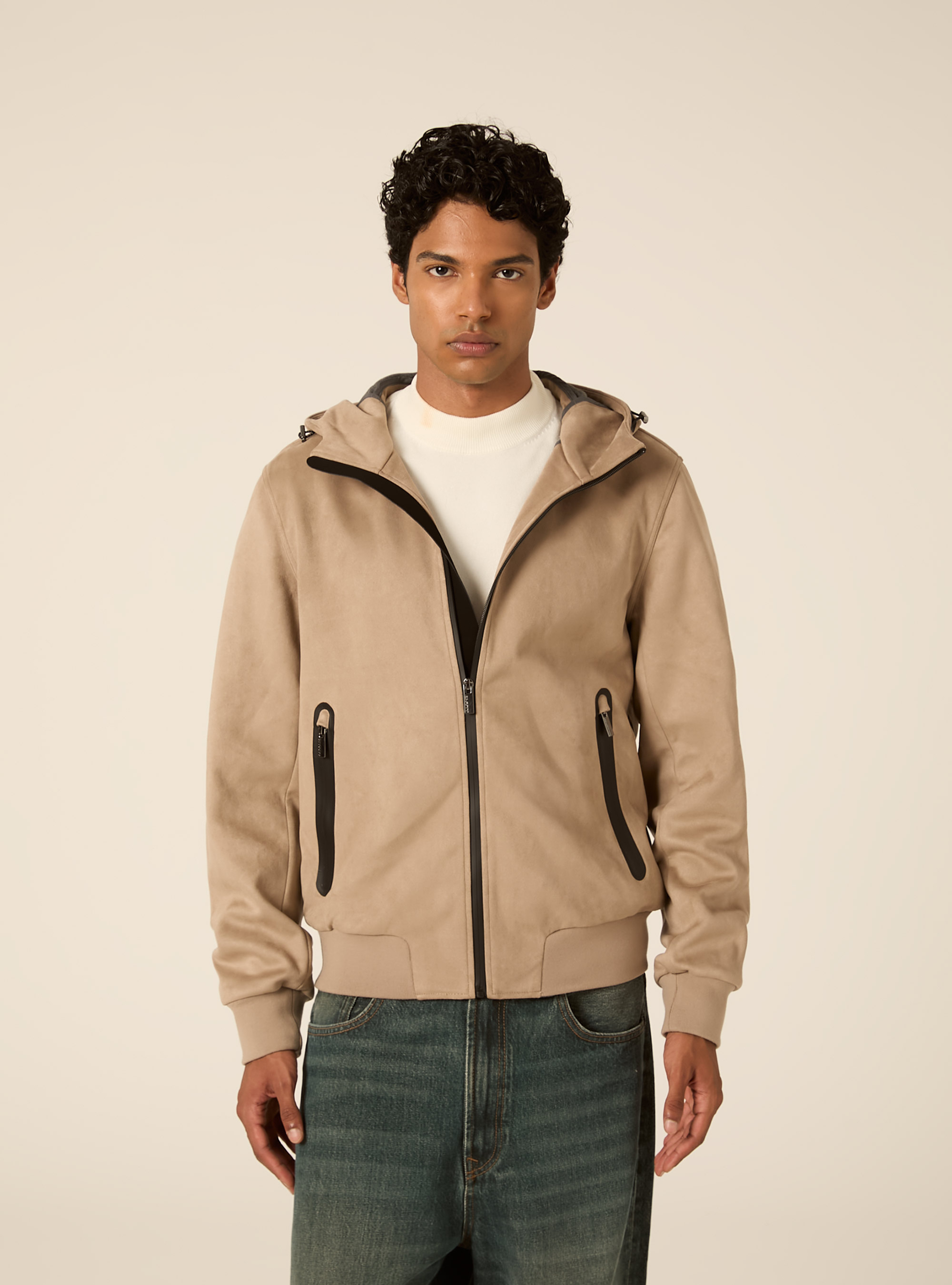 Suede-effect hooded bomber jacket with sealed zips, SA2 SAND MEDIUM