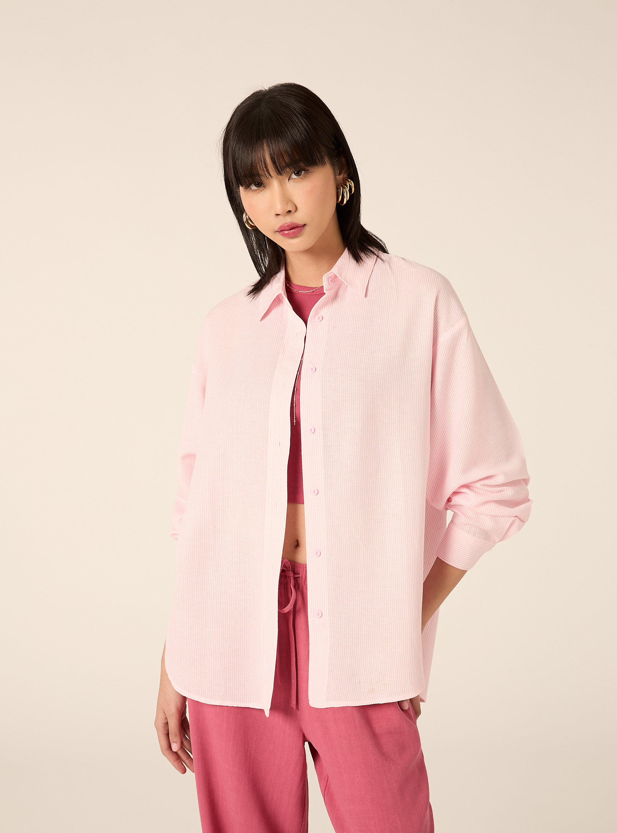 Gestreiftes Hemd aus Leinenmischgewebe, PK2 PINK MEDIUM