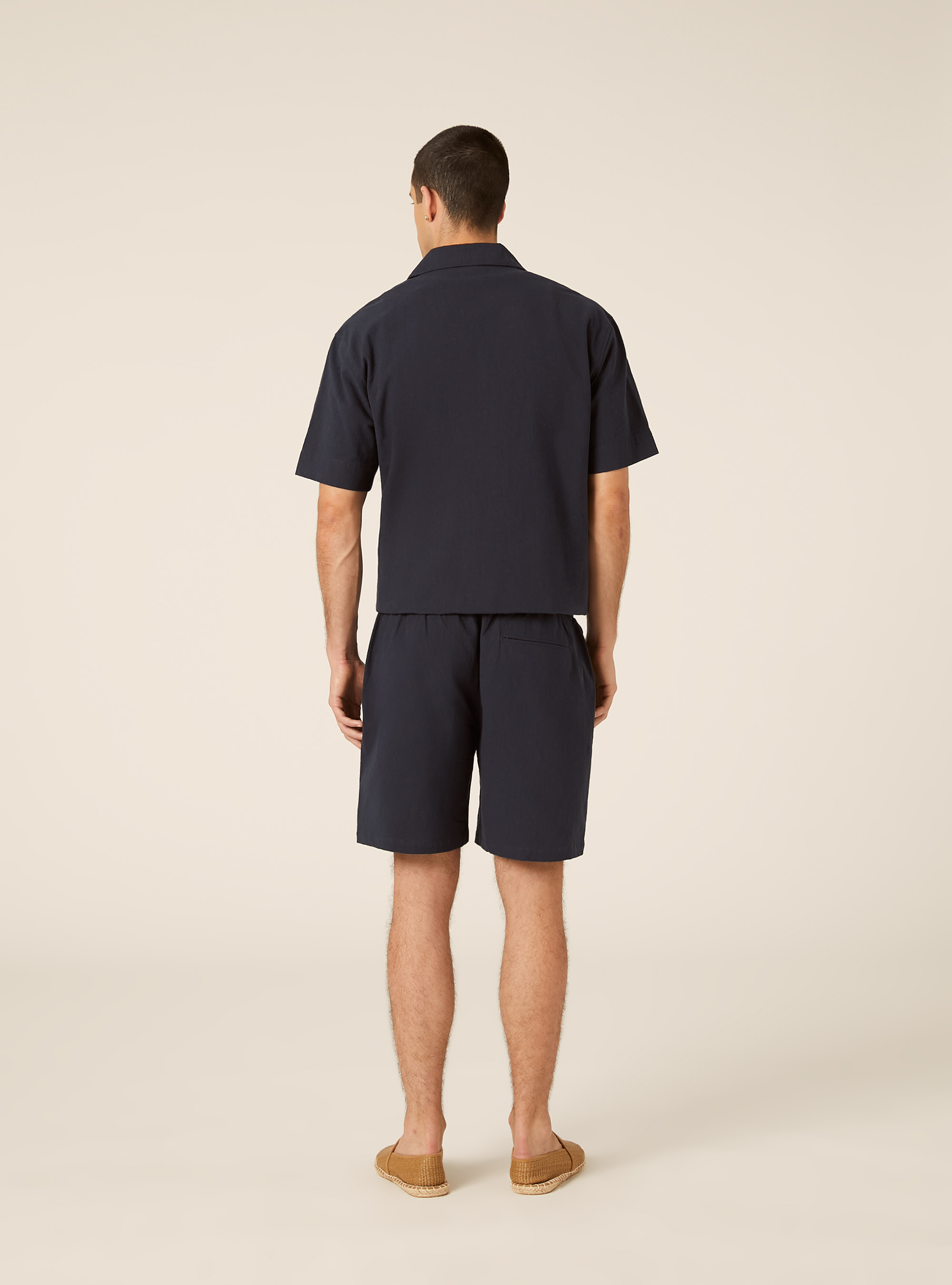 Bermuda in misto lino con laccio in vita, NAVY MEDIO