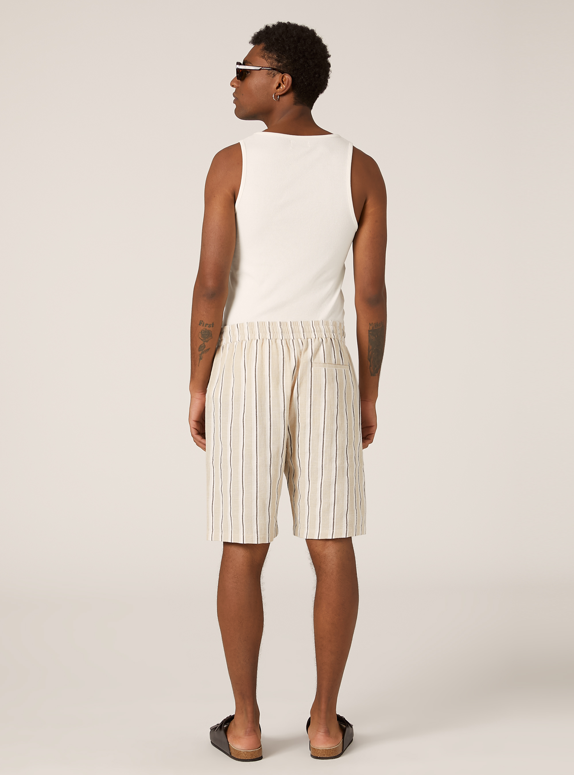 Bermuda rigato in misto lino, BEIGE MEDIO