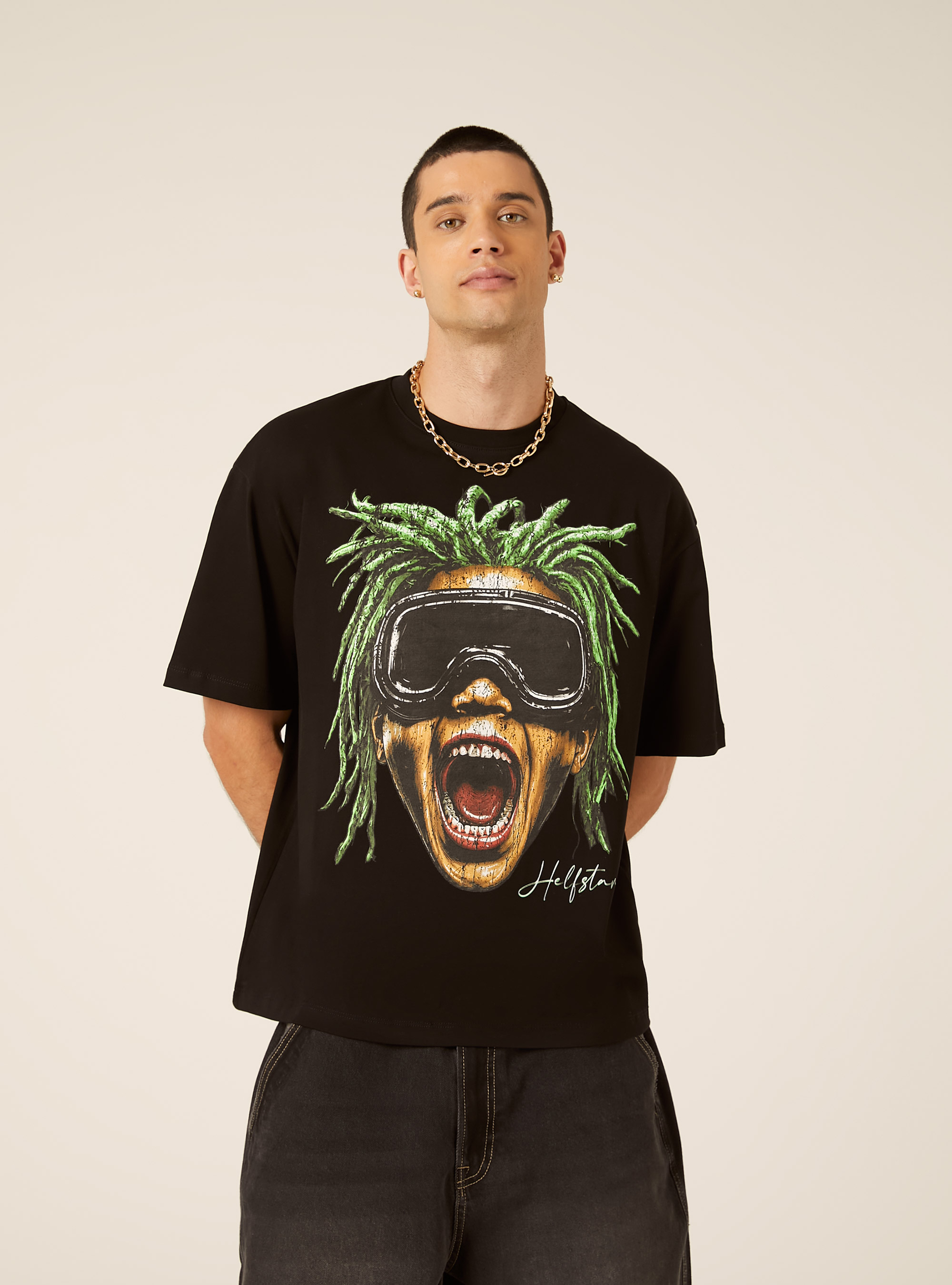 Camiseta Boxy Fit Estampada, BK1 BLACK