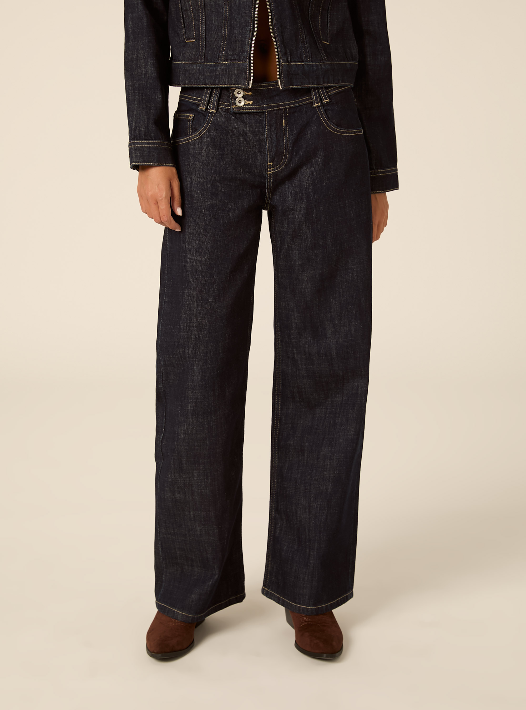 Vaqueros baggy anchos de denim oscuro con bolsillos de coraz&oacute;n, D001 DEEP BLUE