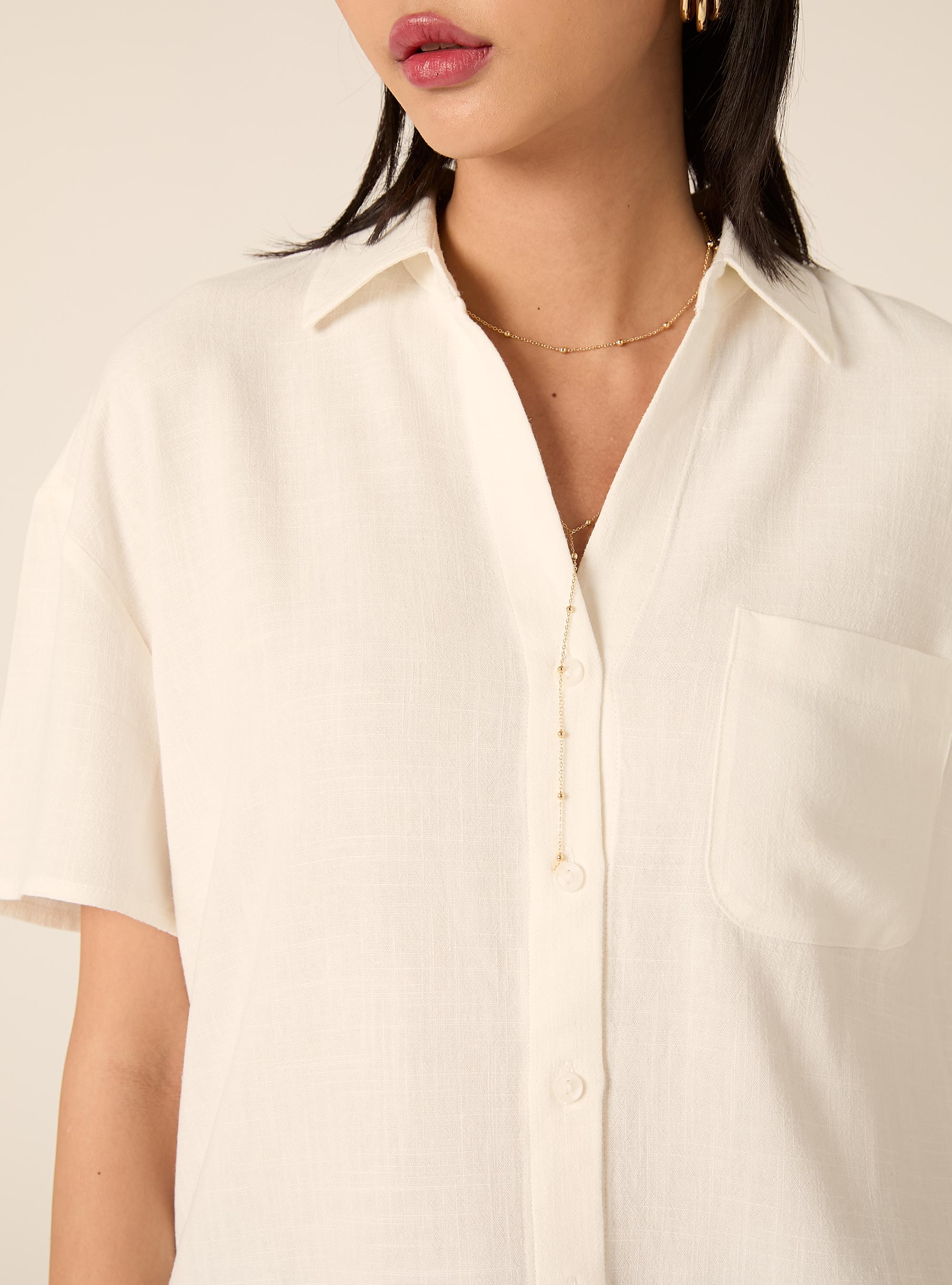 Camicia cropped in misto lino, PANNA