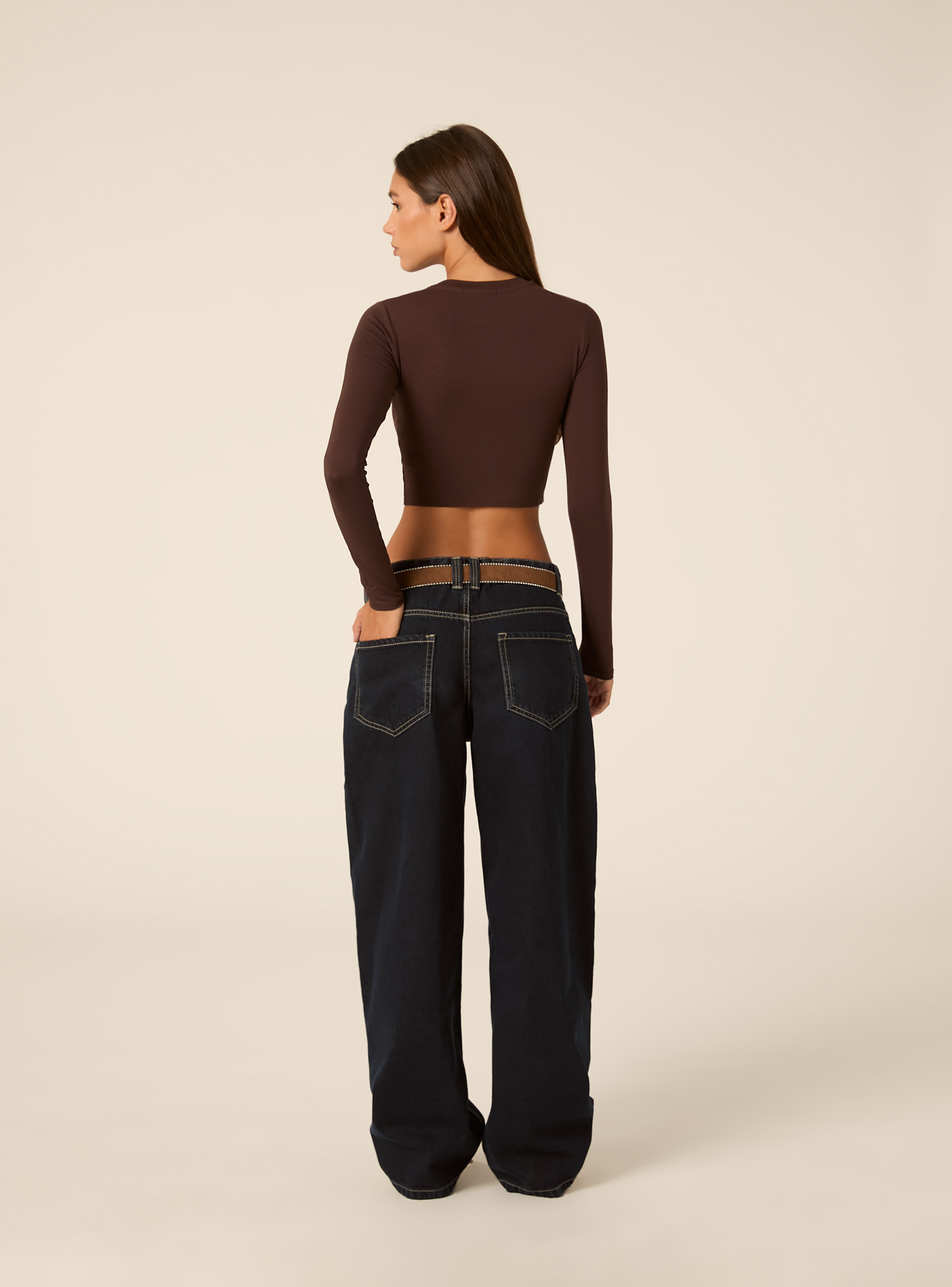 Long Sleeve Crop Top, BR1 BROWN DARK