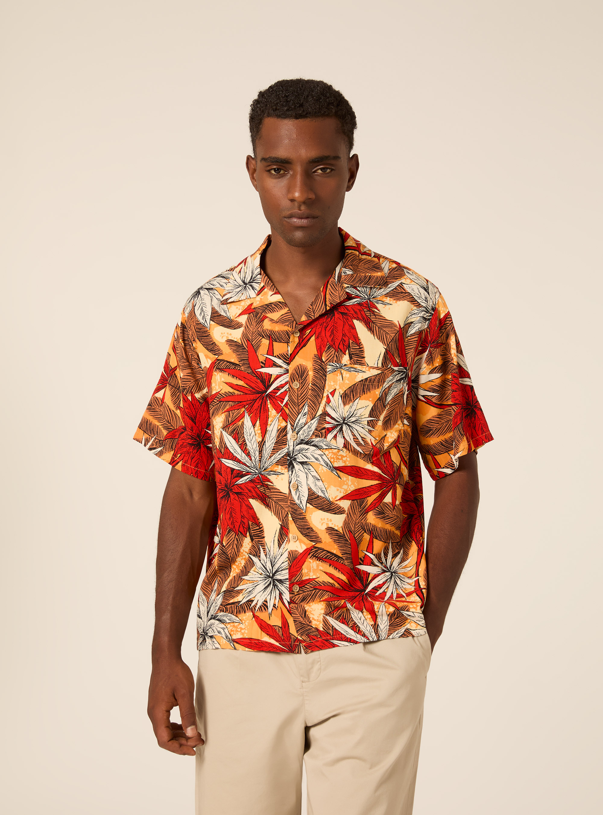 Warm-Toned Tropical Print Bowling Shirt, OR2 ORANGE MED.