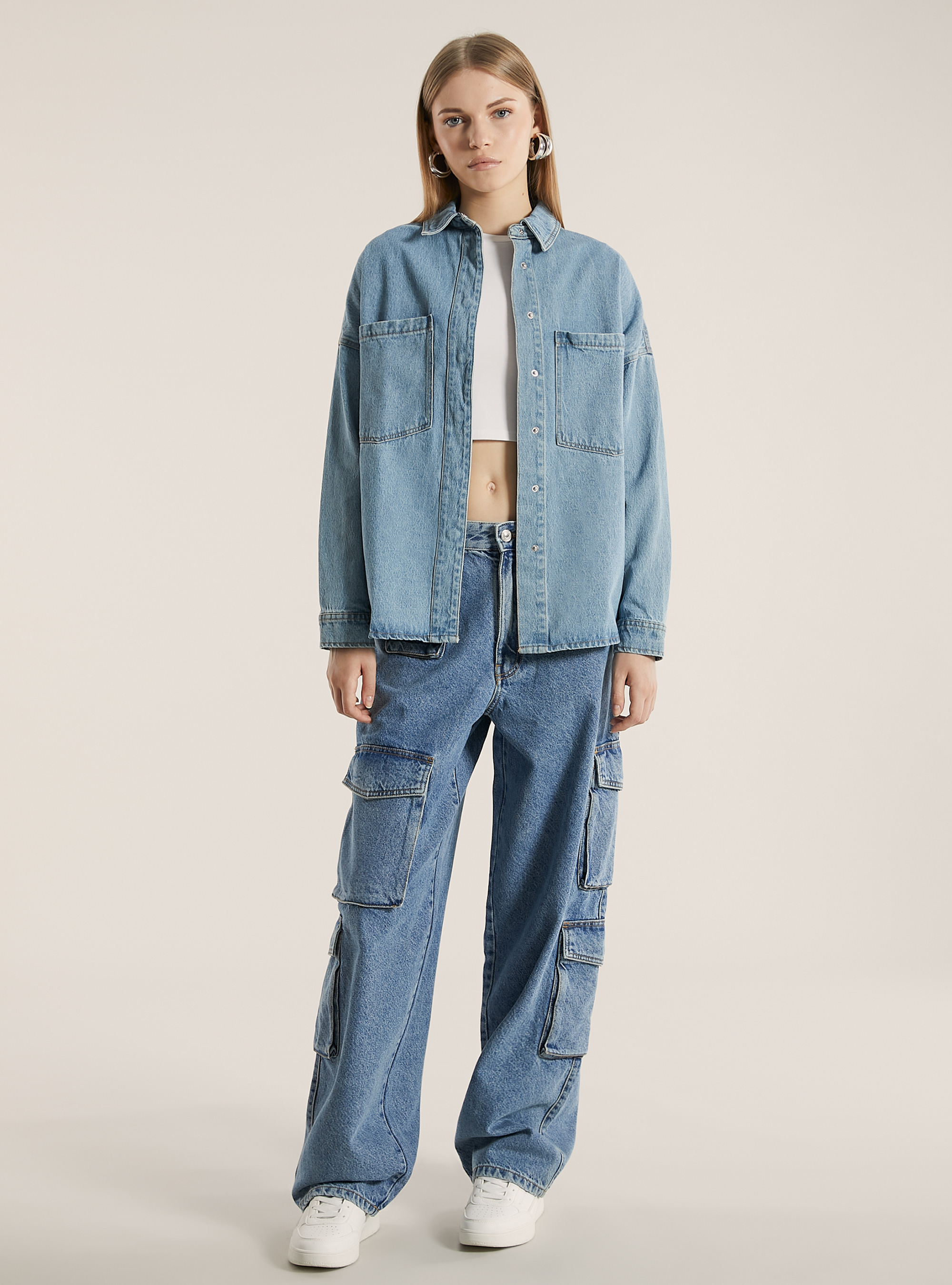 Giacca camicia in denim con tasconi, D005 LIGHT BLUE