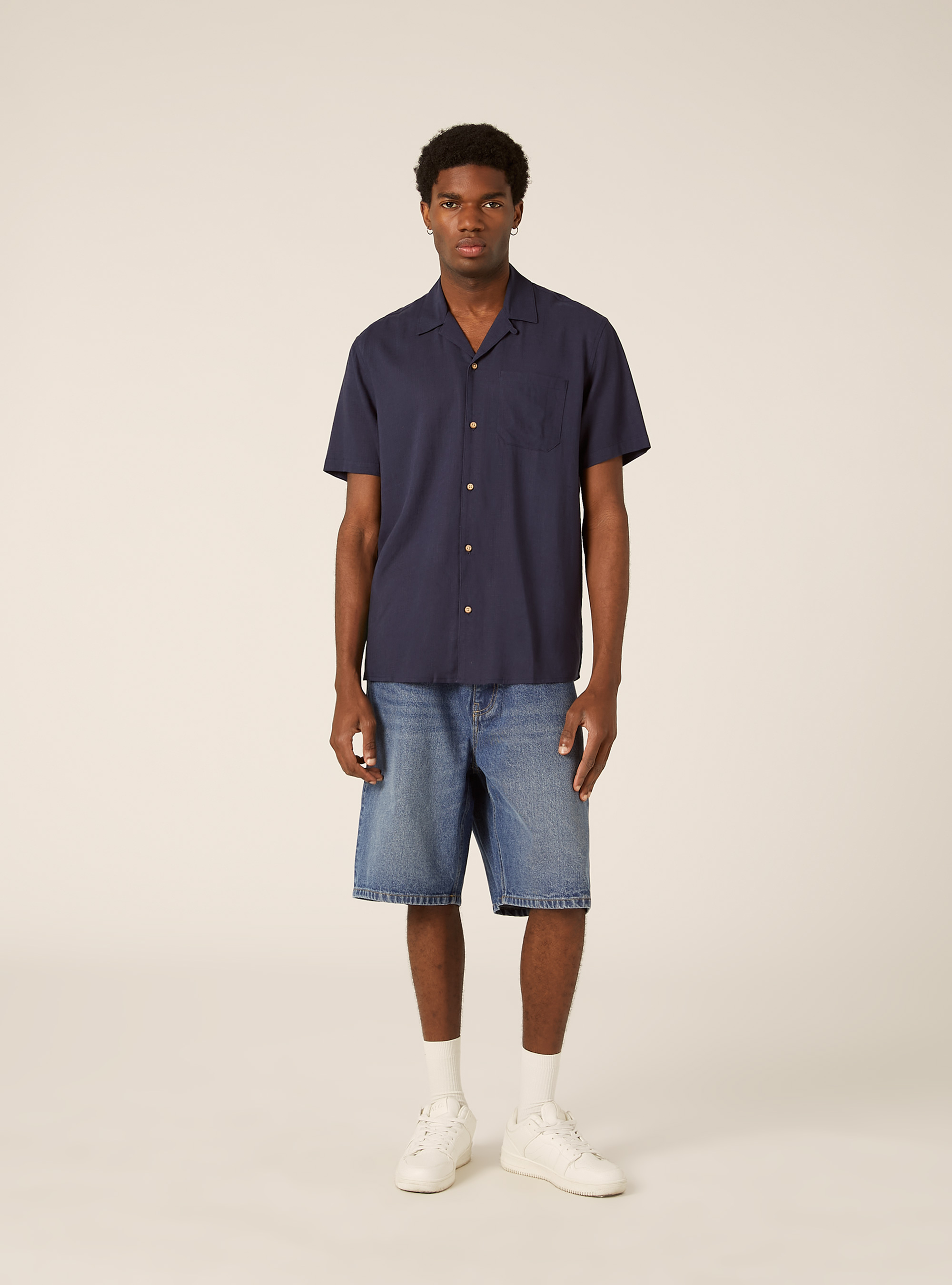Linen blend shirt with bowling collar, BL2 BLUE MEDIUM