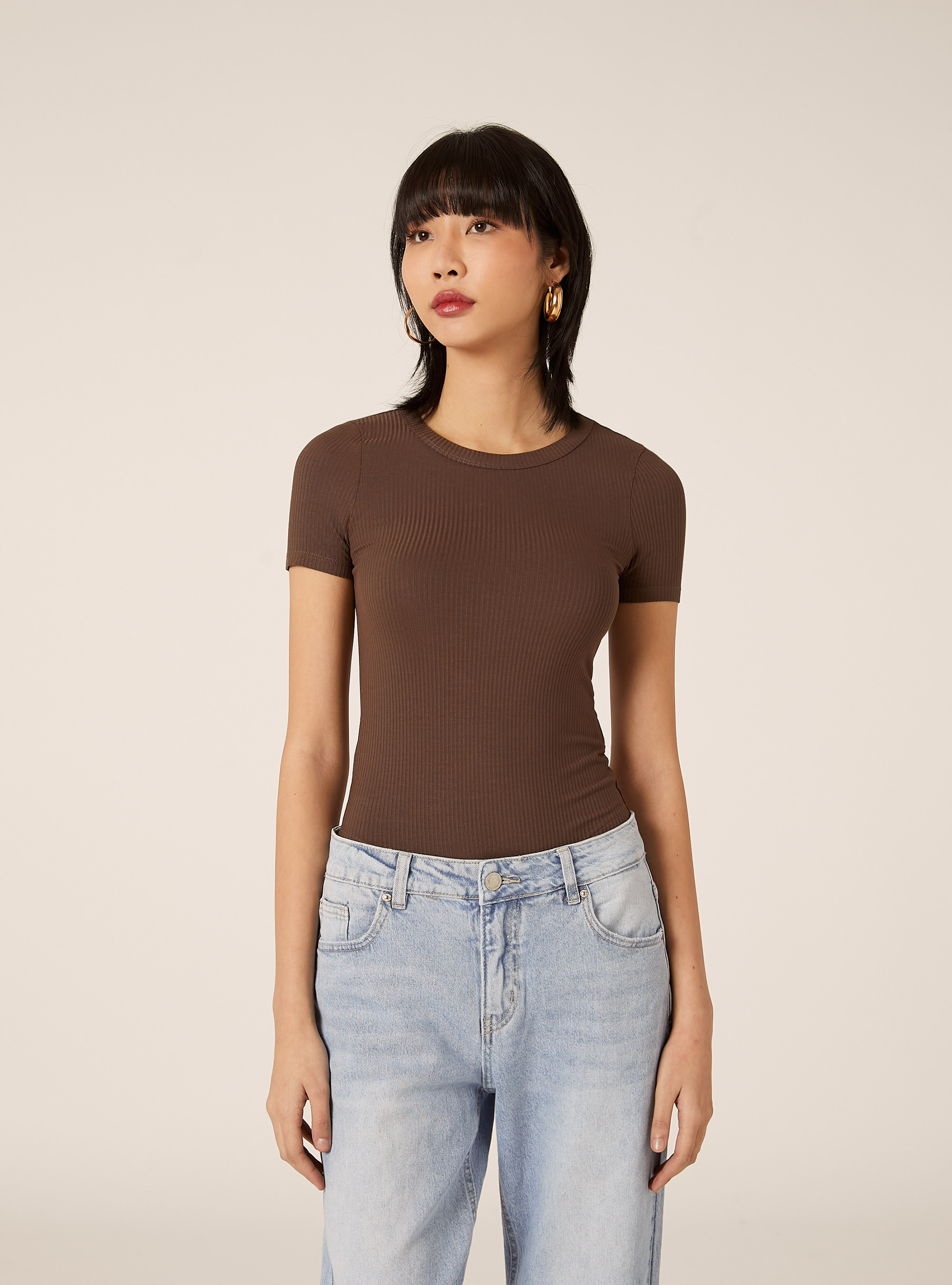 Kurz&auml;rmeliger gerippter Body, BR2 BROWN MEDIUM