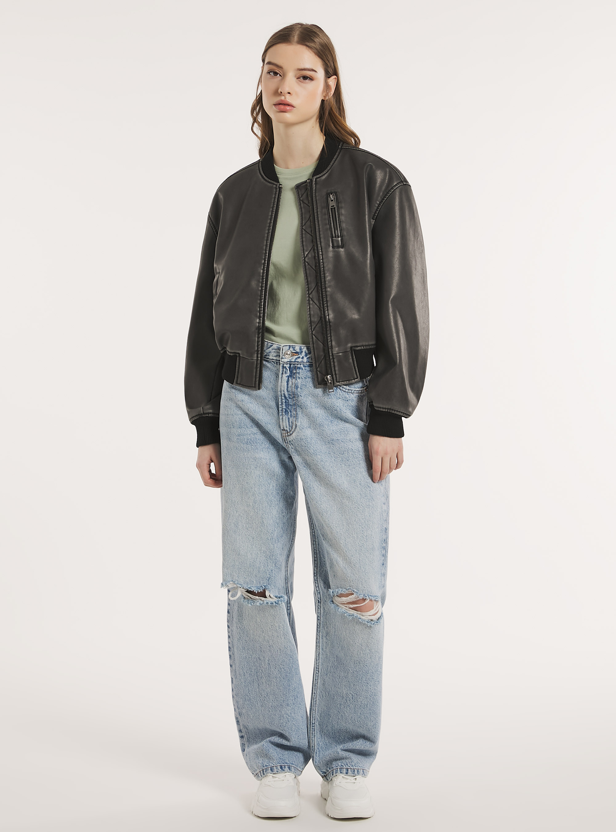 Blouson bombardier effet cuir port&eacute;, BK3 BLACK CHARCOAL