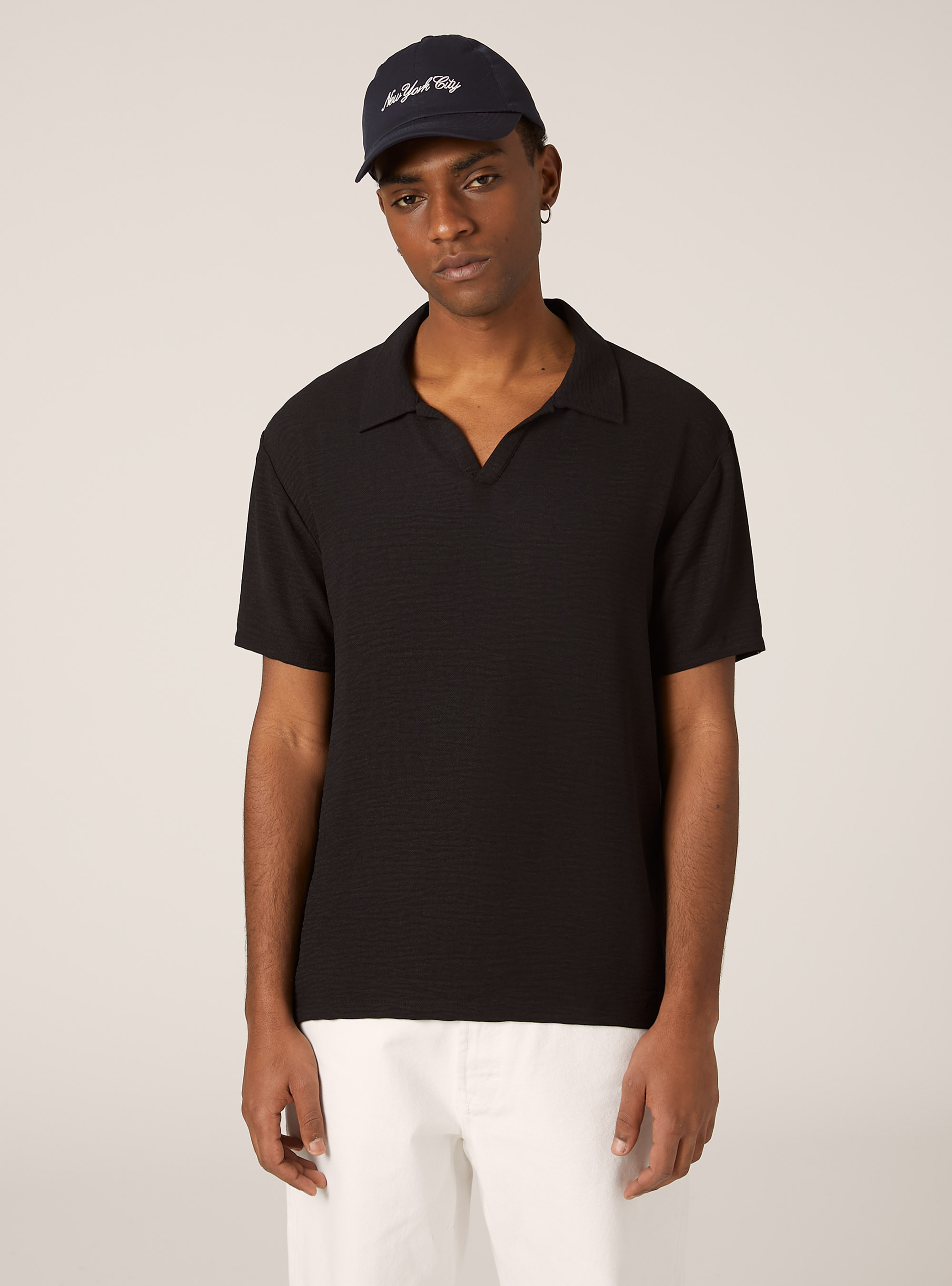 Polo en crepe &agrave; col ouvert, BK1 BLACK