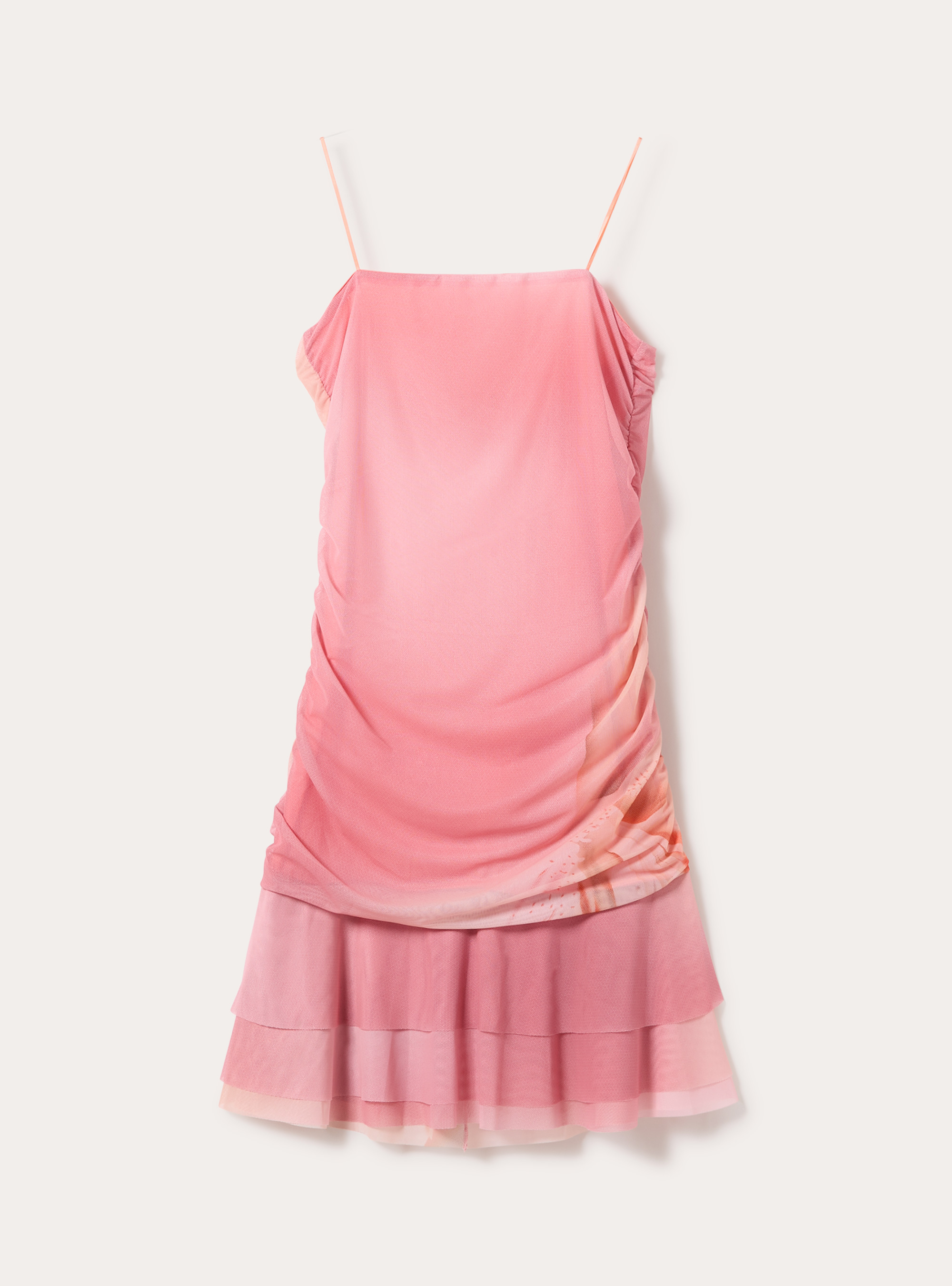 Strapless Ruched Mesh Mini Dress with Flounce Hem, PK2 PINK MEDIUM