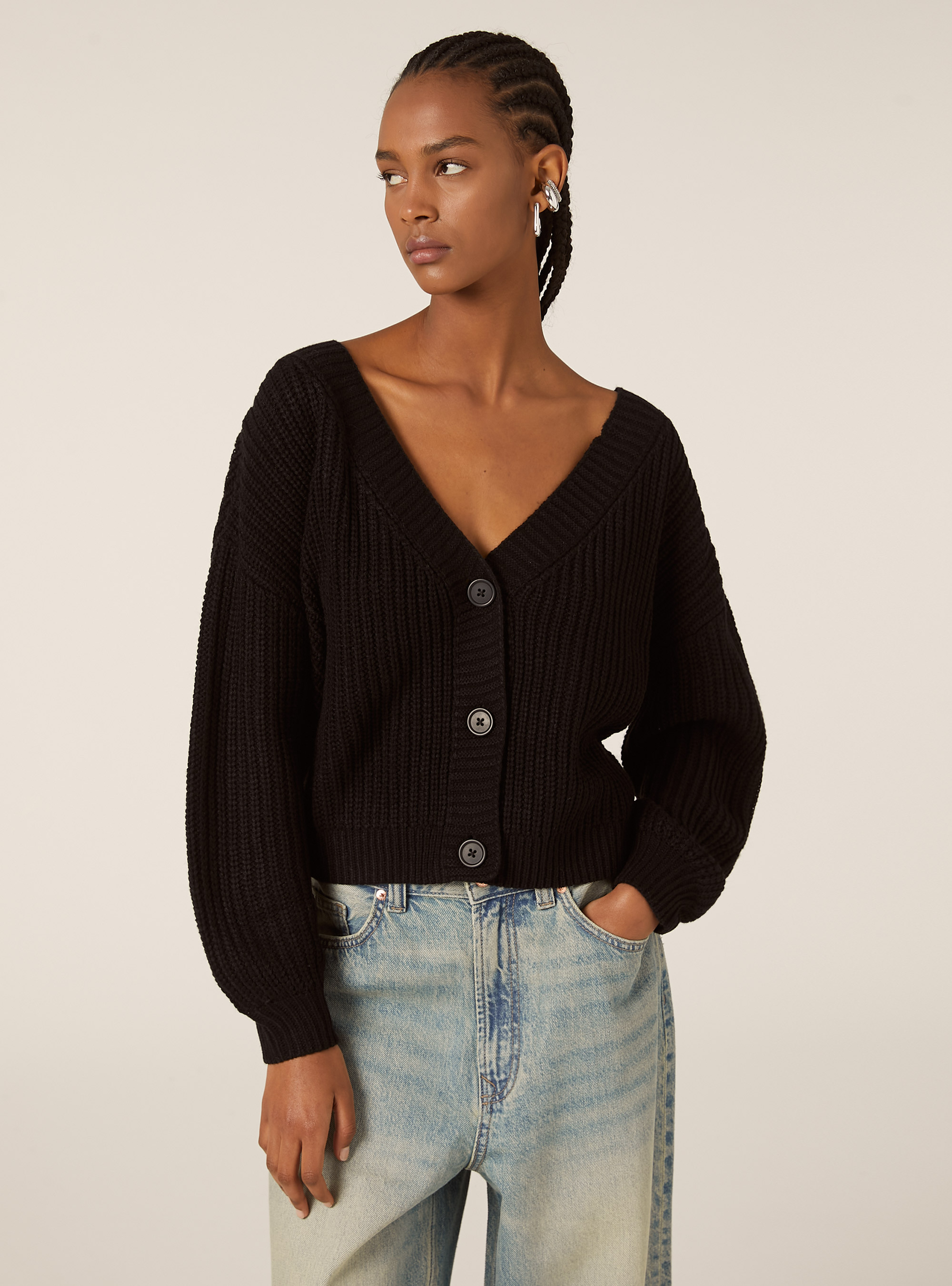 Cardigan en maille &agrave; encolure en V, BK1 BLACK