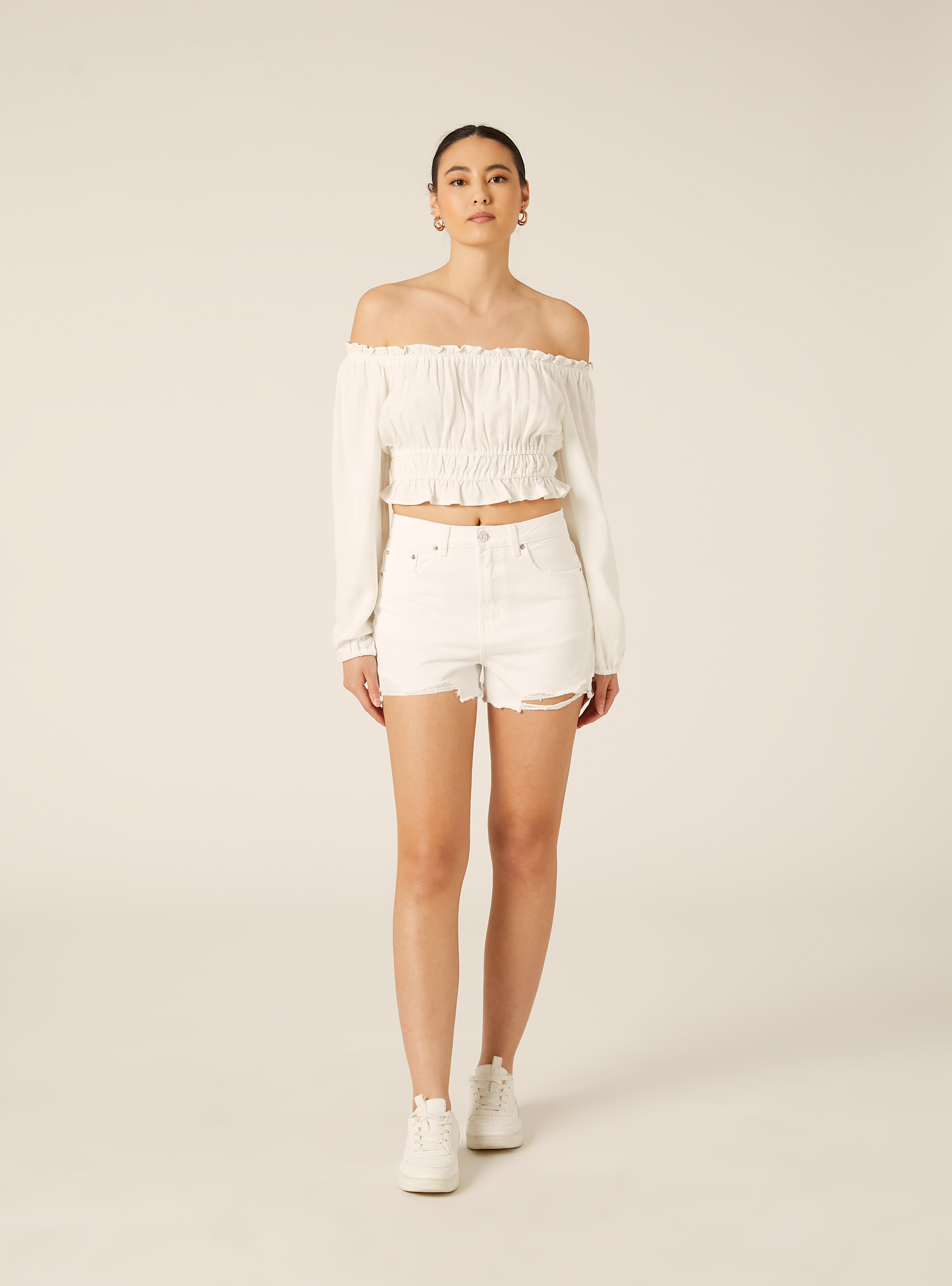 Shorts Vaqueros con Bajo de Corte Vivo, D099 WHITE