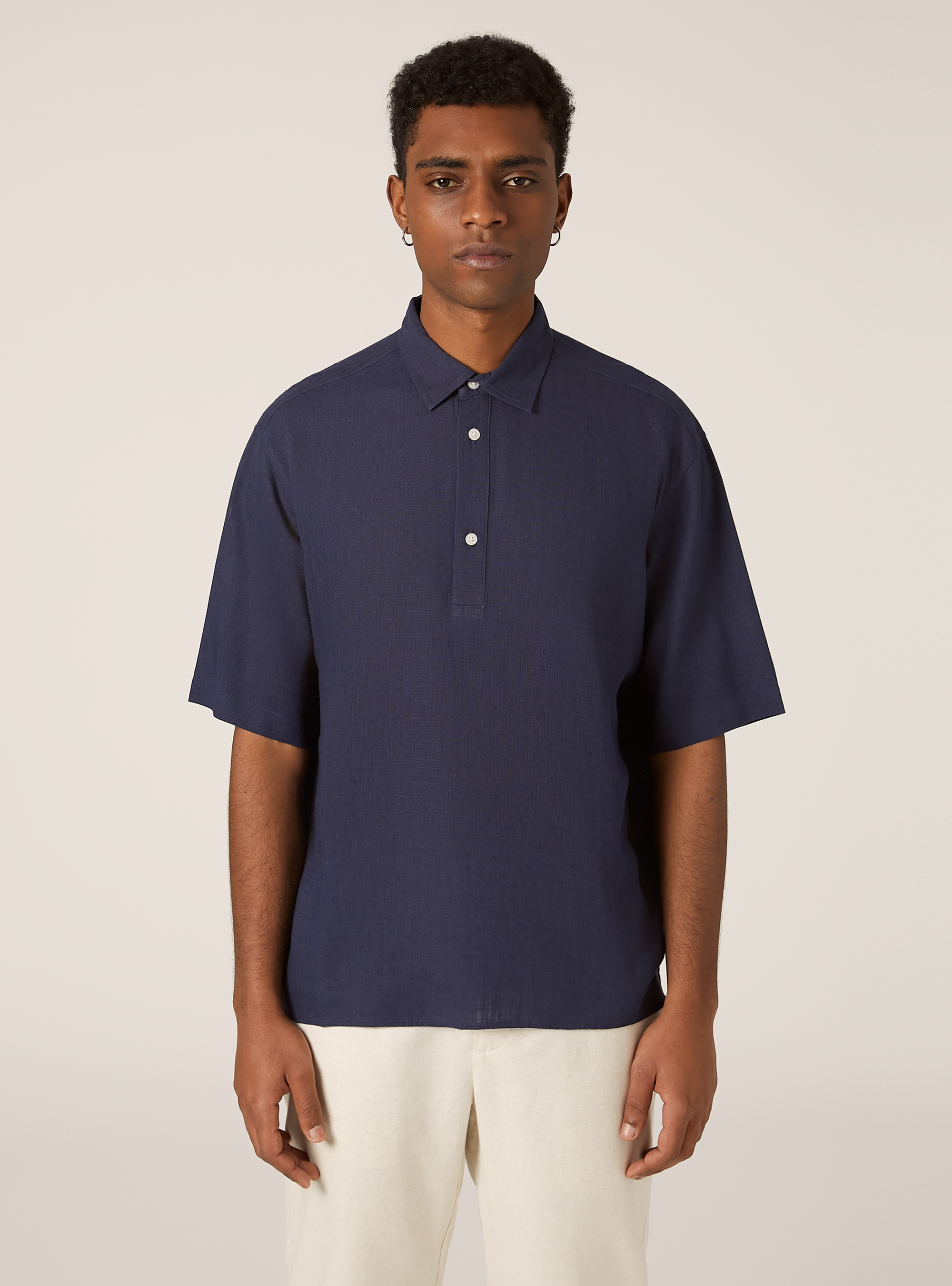 Camisa de manga corta en mezcla de lino, BL2 BLUE MEDIUM