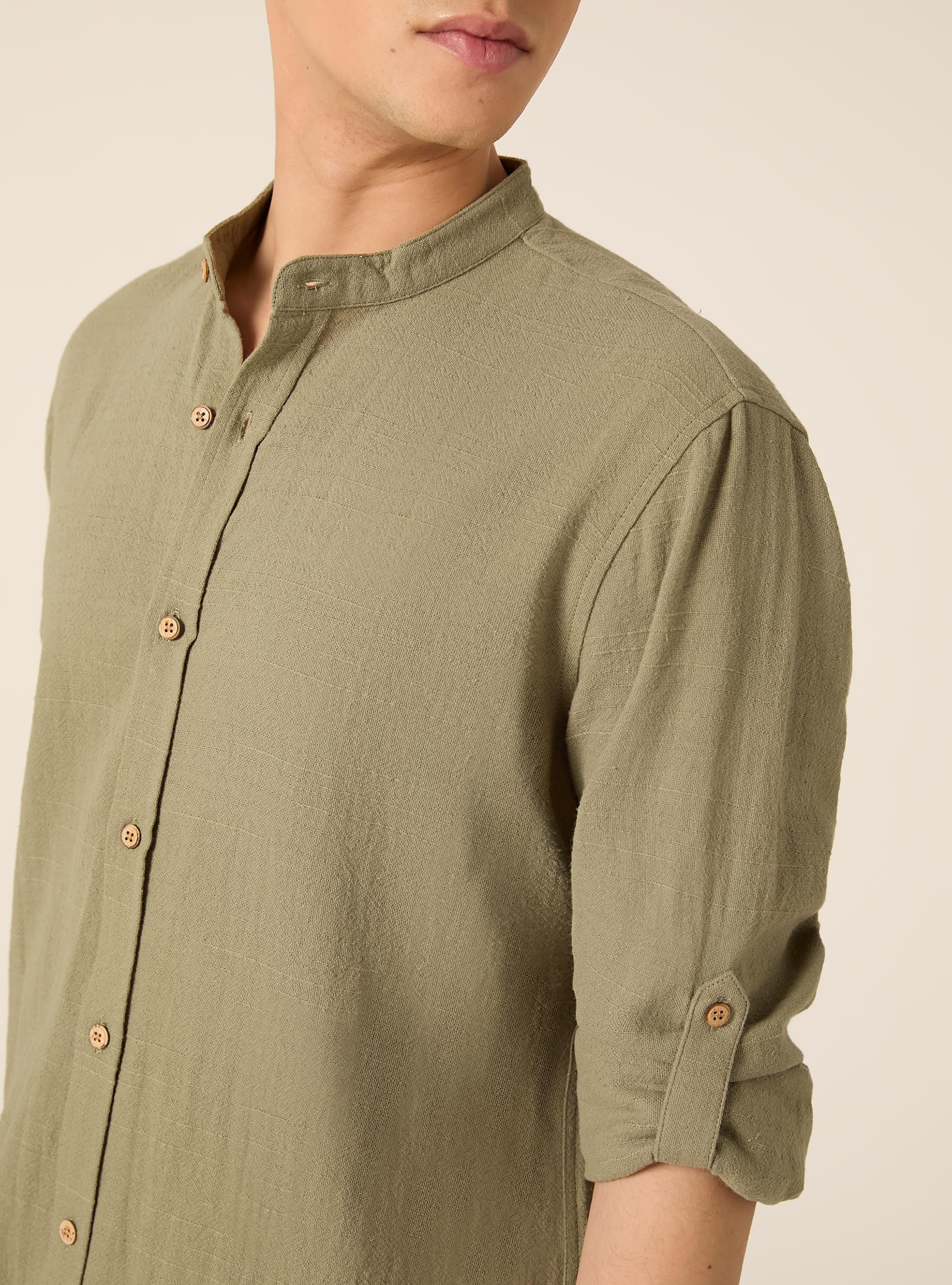 Camicia in misto lino con collo alla coreana, KAKY MEDIO