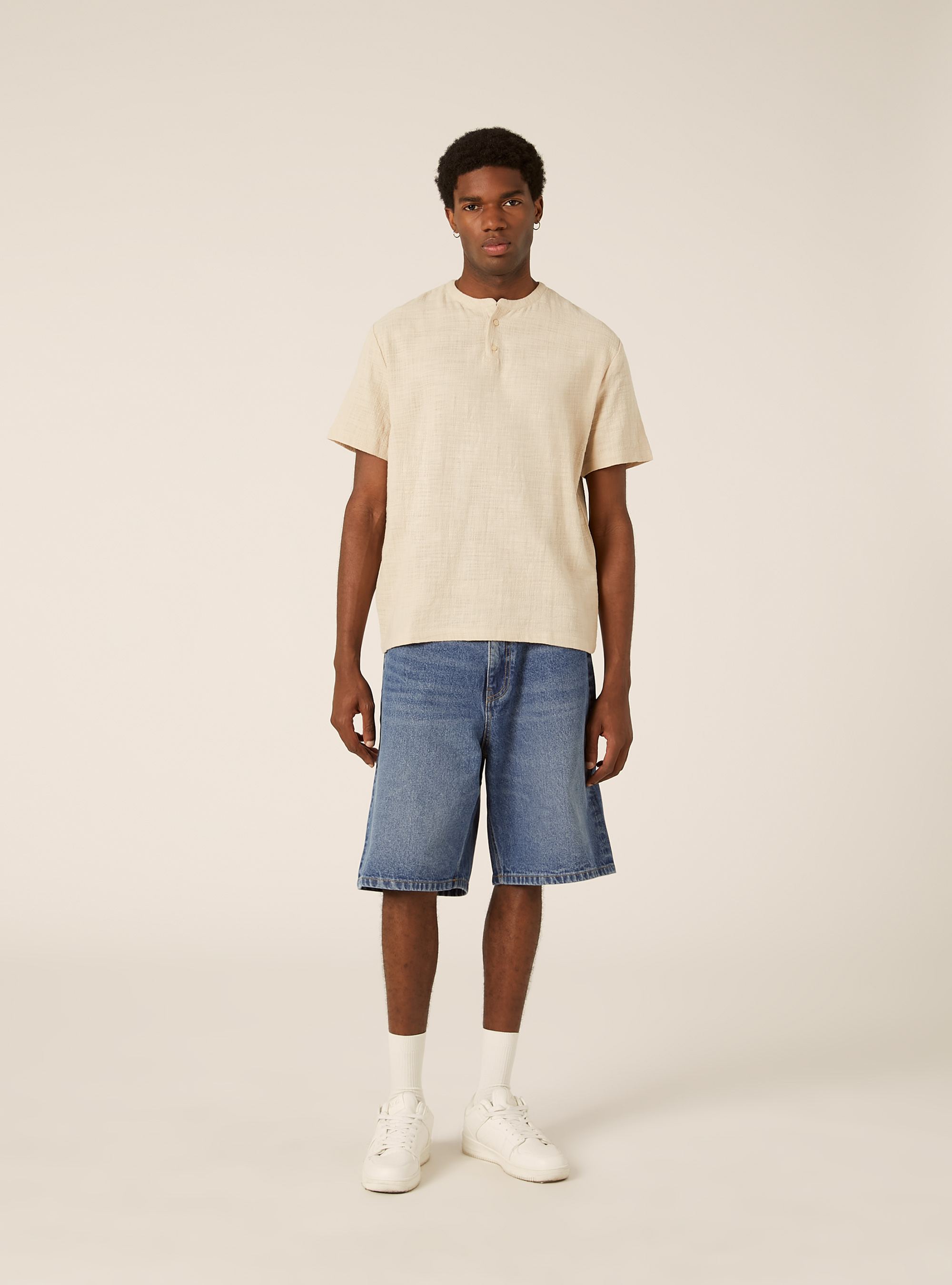 Short Sleeve Henley Shirt, BG3 BEIGE LIGHT