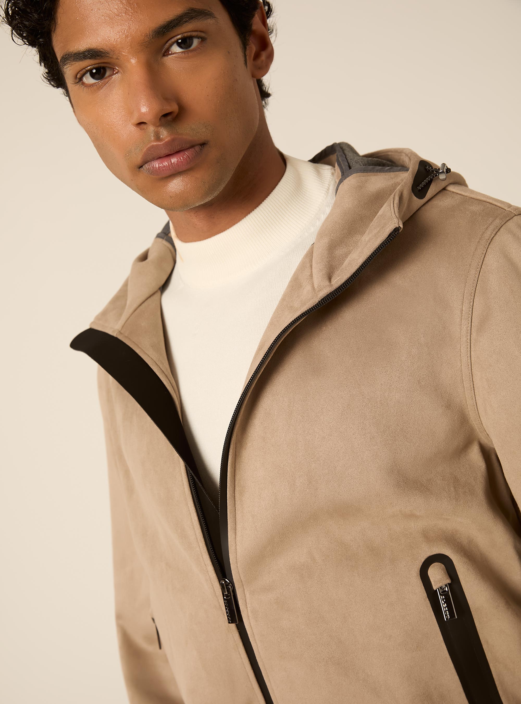 Suede-effect hooded bomber jacket with sealed zips, SA2 SAND MEDIUM