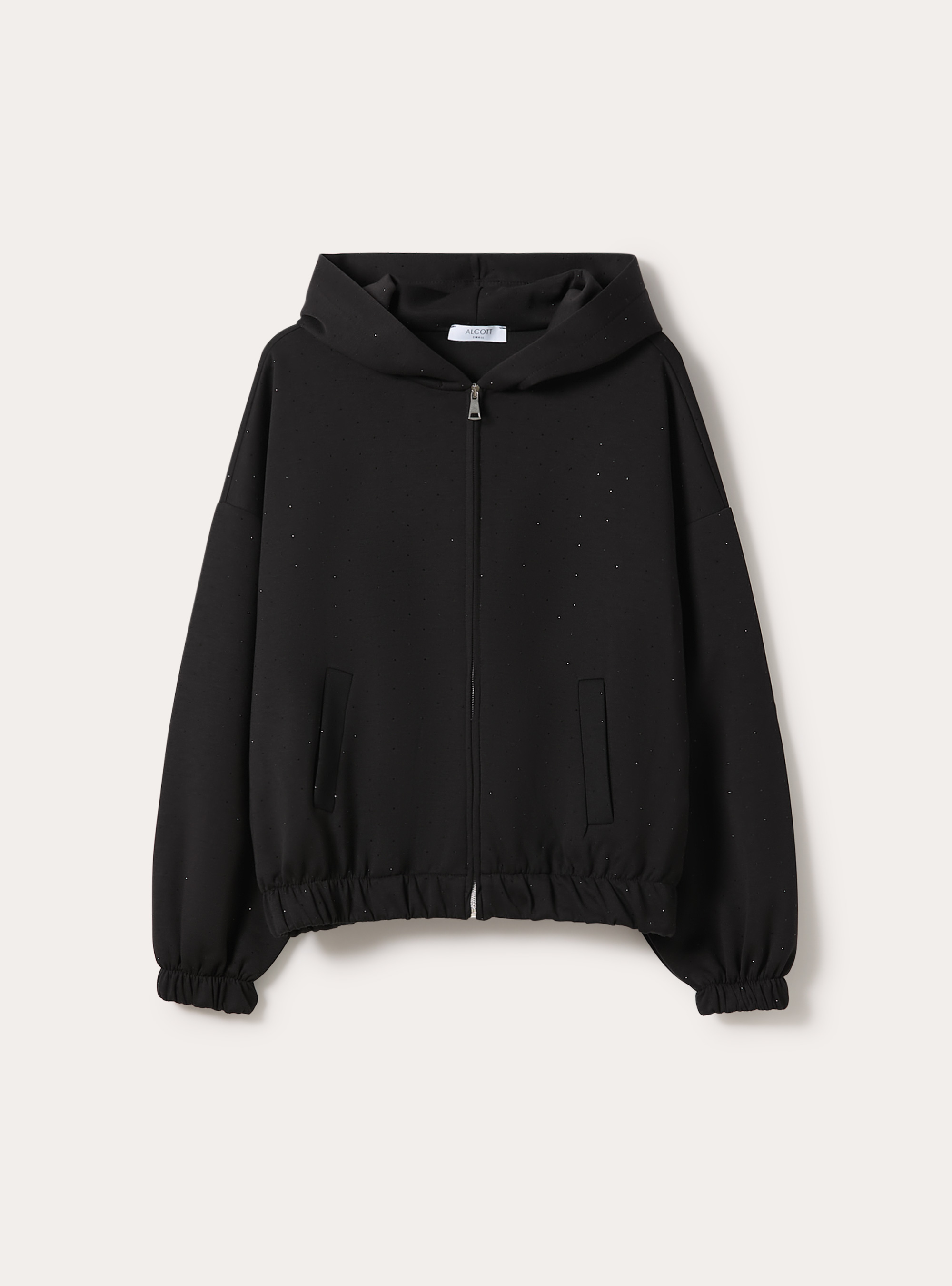 Felpa con zip fit soft touch con strass, NERO