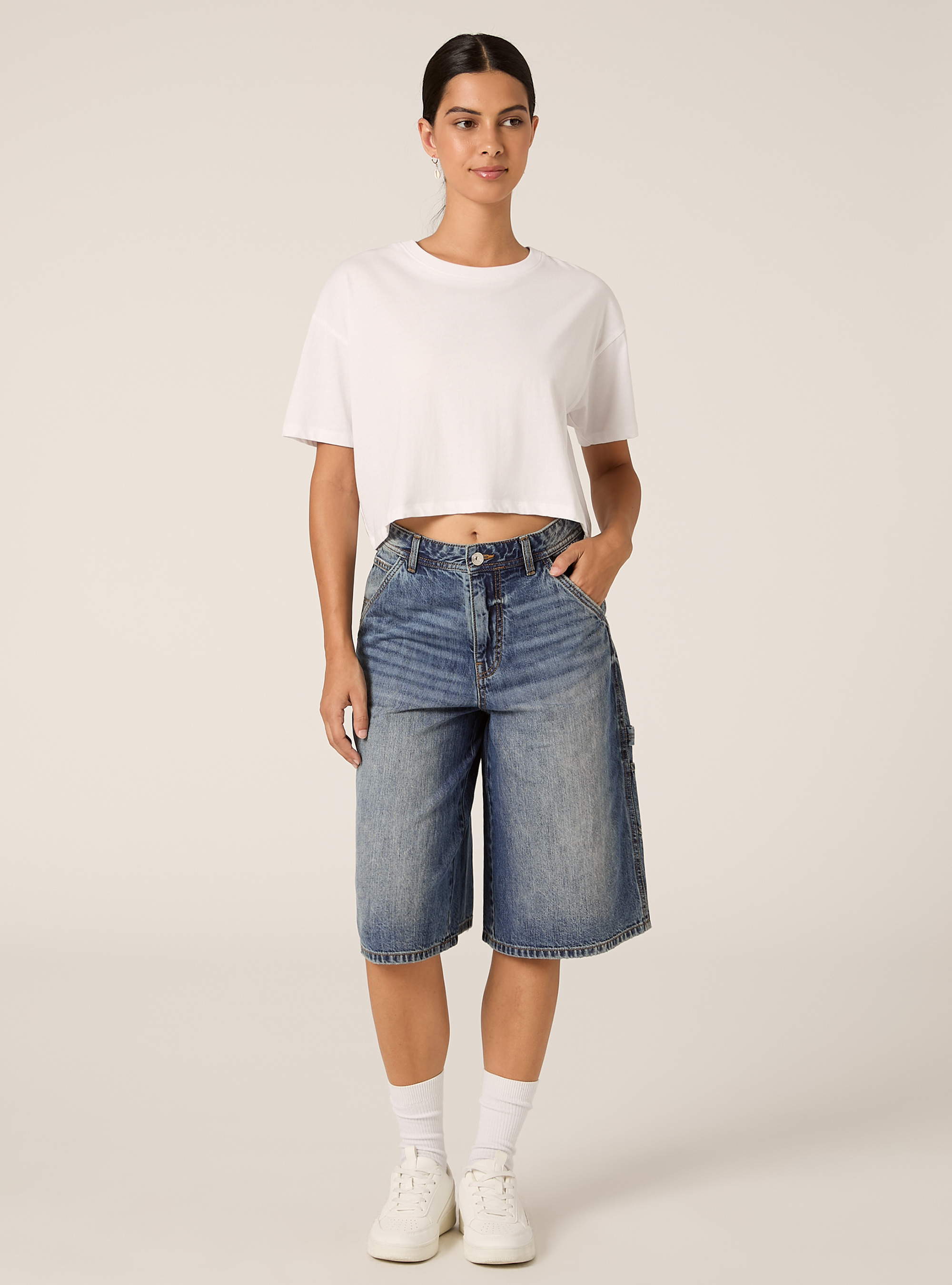 Bermudas Jorts de Denim Estilo Carpenter, D003 MEDIUM BLUE