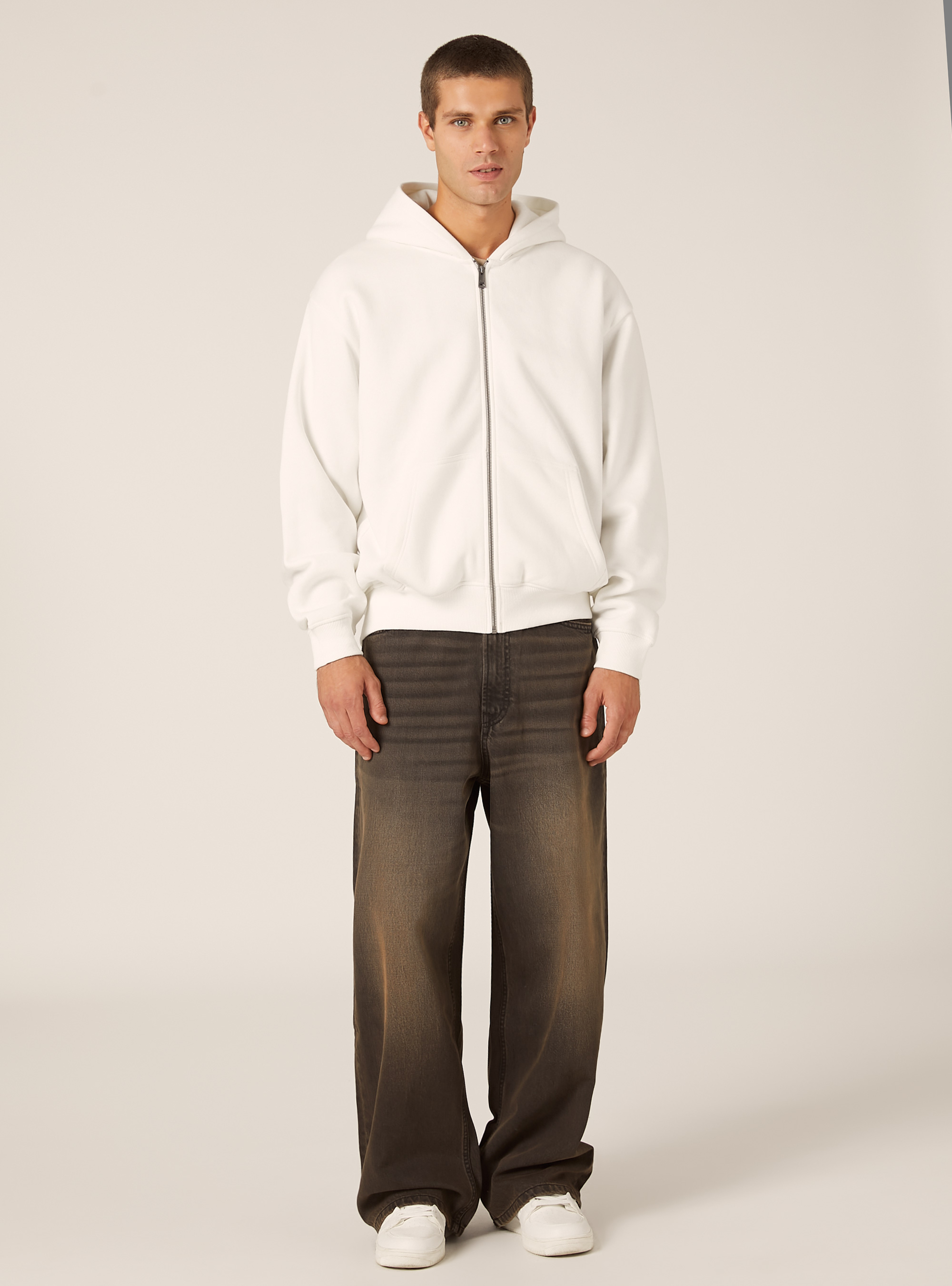 Sweat-shirt zipp&eacute; &agrave; capuche coupe boxy, WH2 WHITE