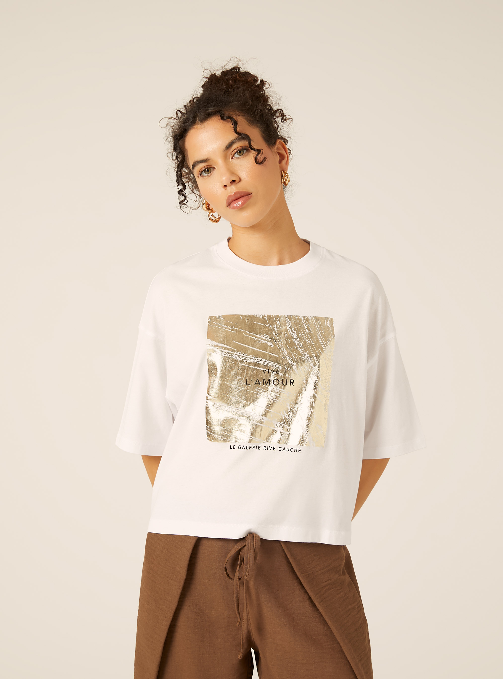 Camiseta Crop con Estampado Metalizado, WH3 WHITE