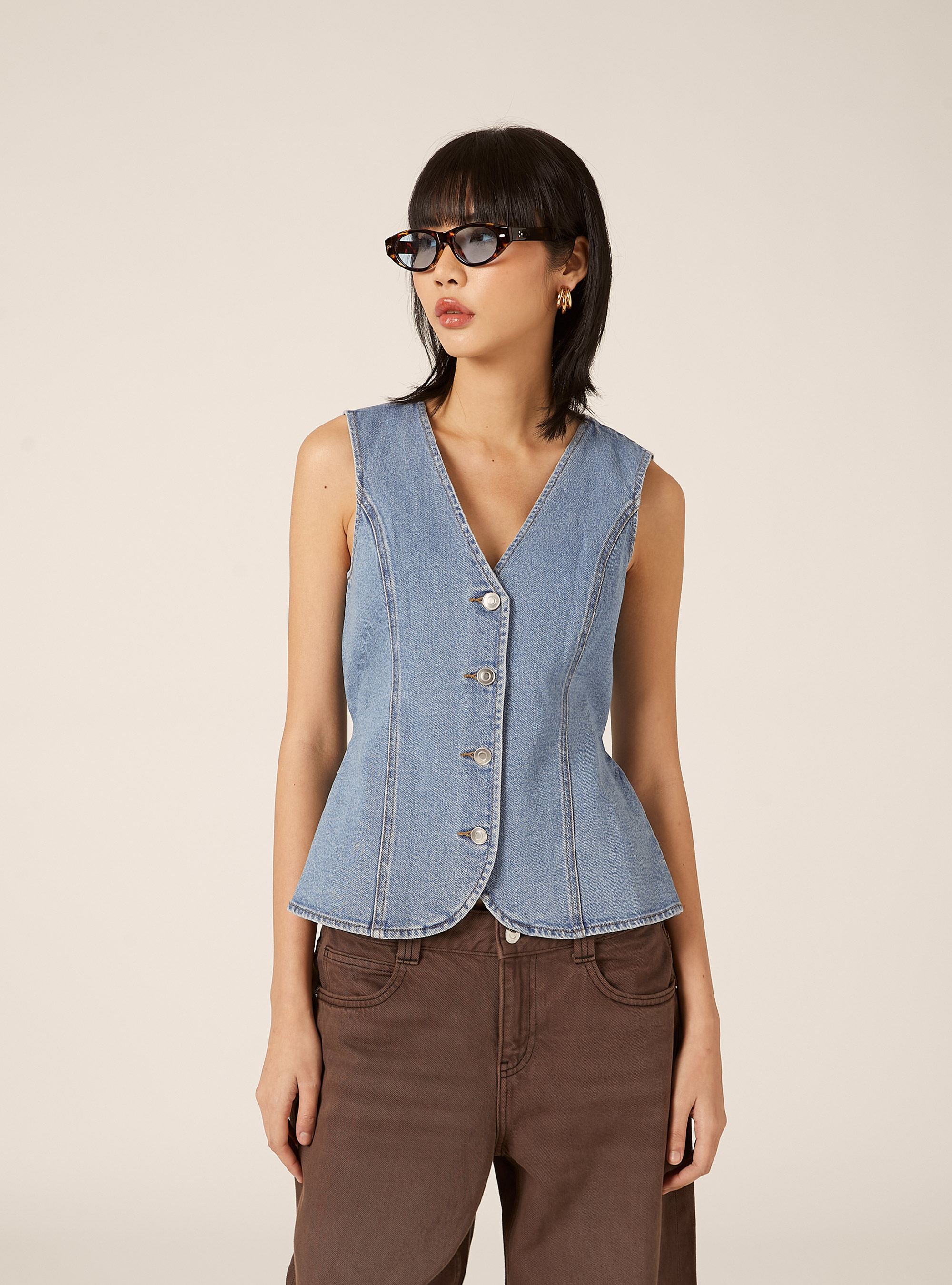 Gilet in denim con bottoni, D006 AZURE