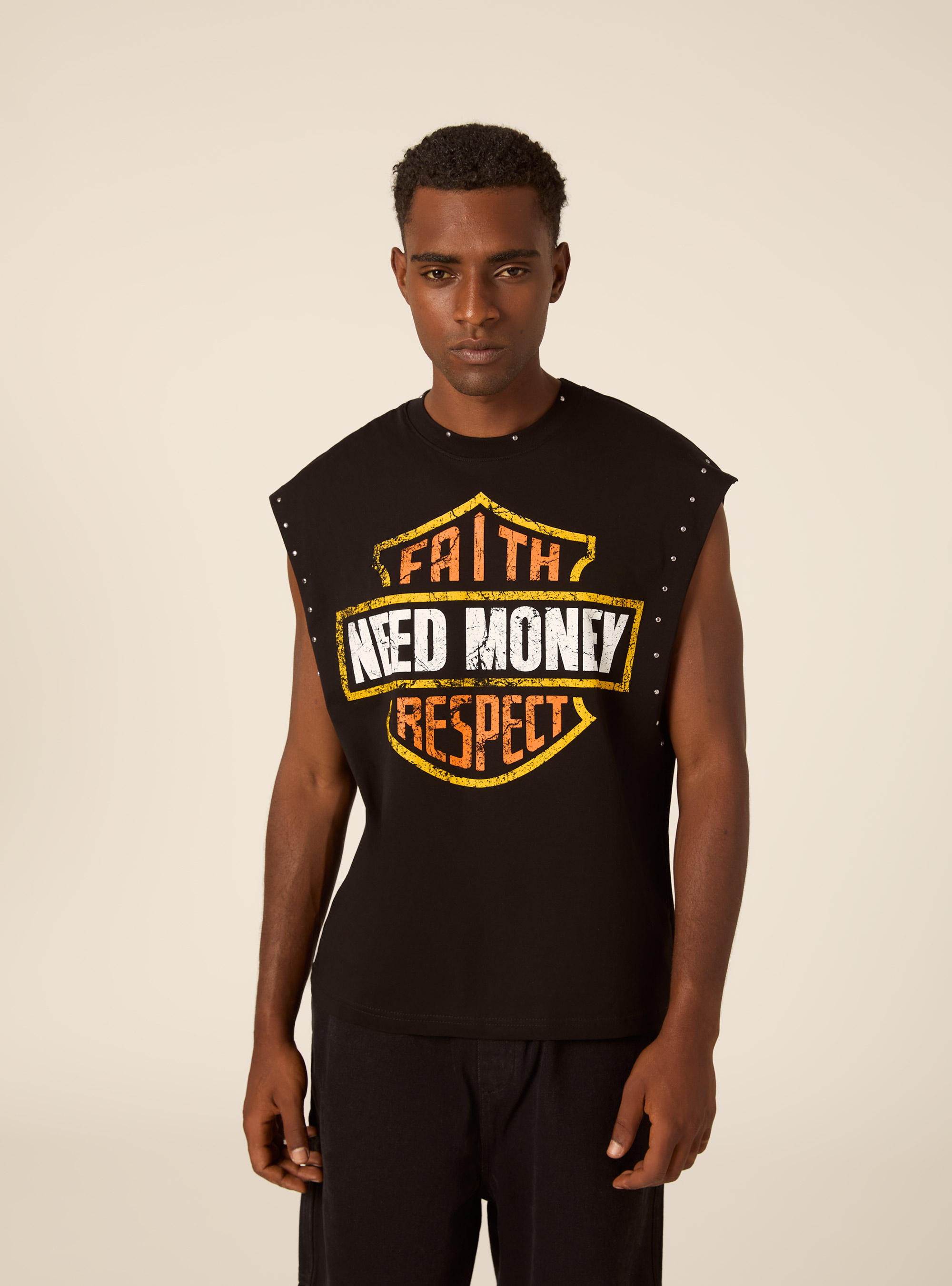 Oversized Sleeveless T-Shirt with Biker Graphic and Studs, BK1 BLACK