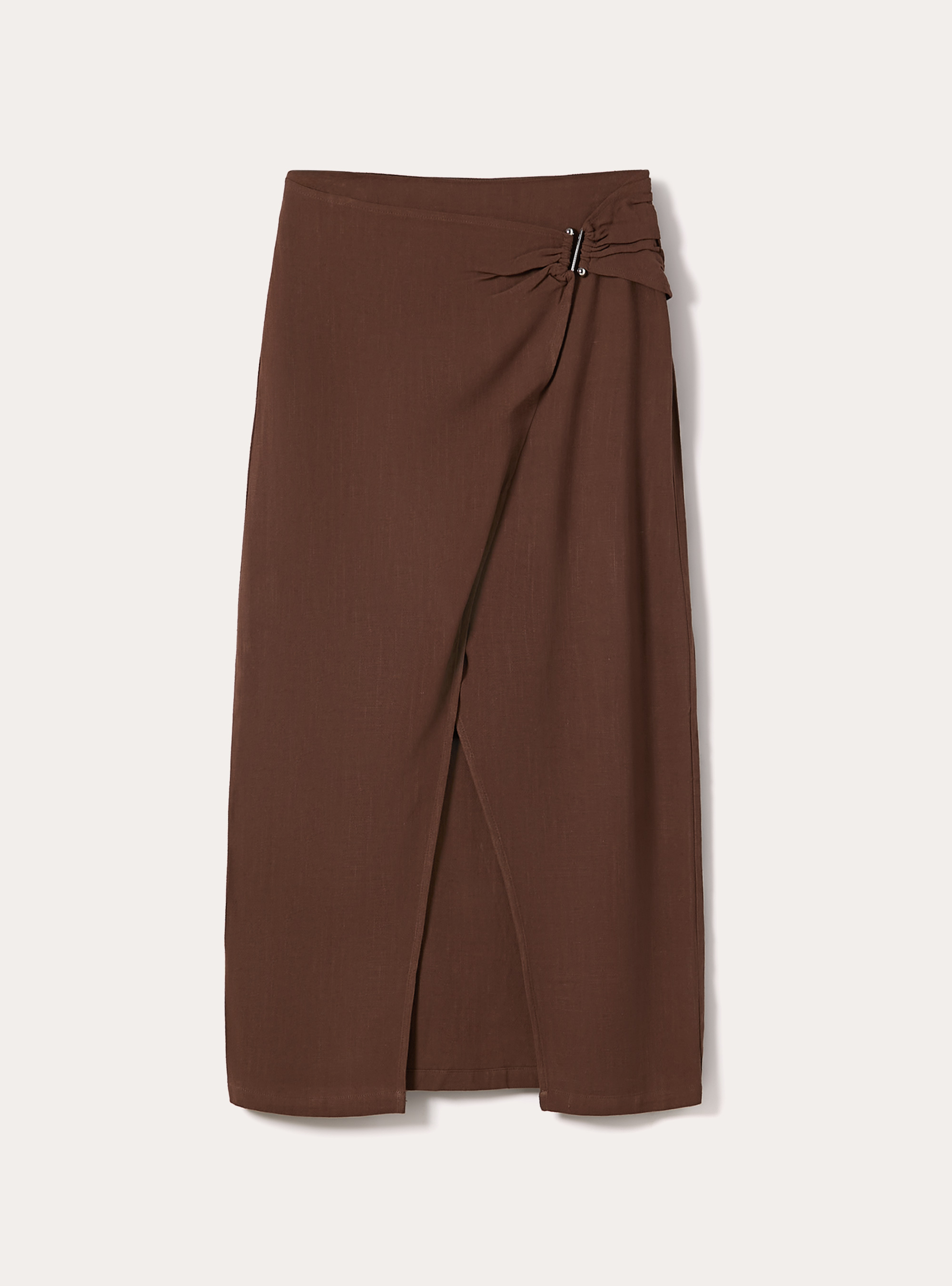 Falda midi asim&eacute;trica en mezcla de lino, BR2 BROWN MEDIUM