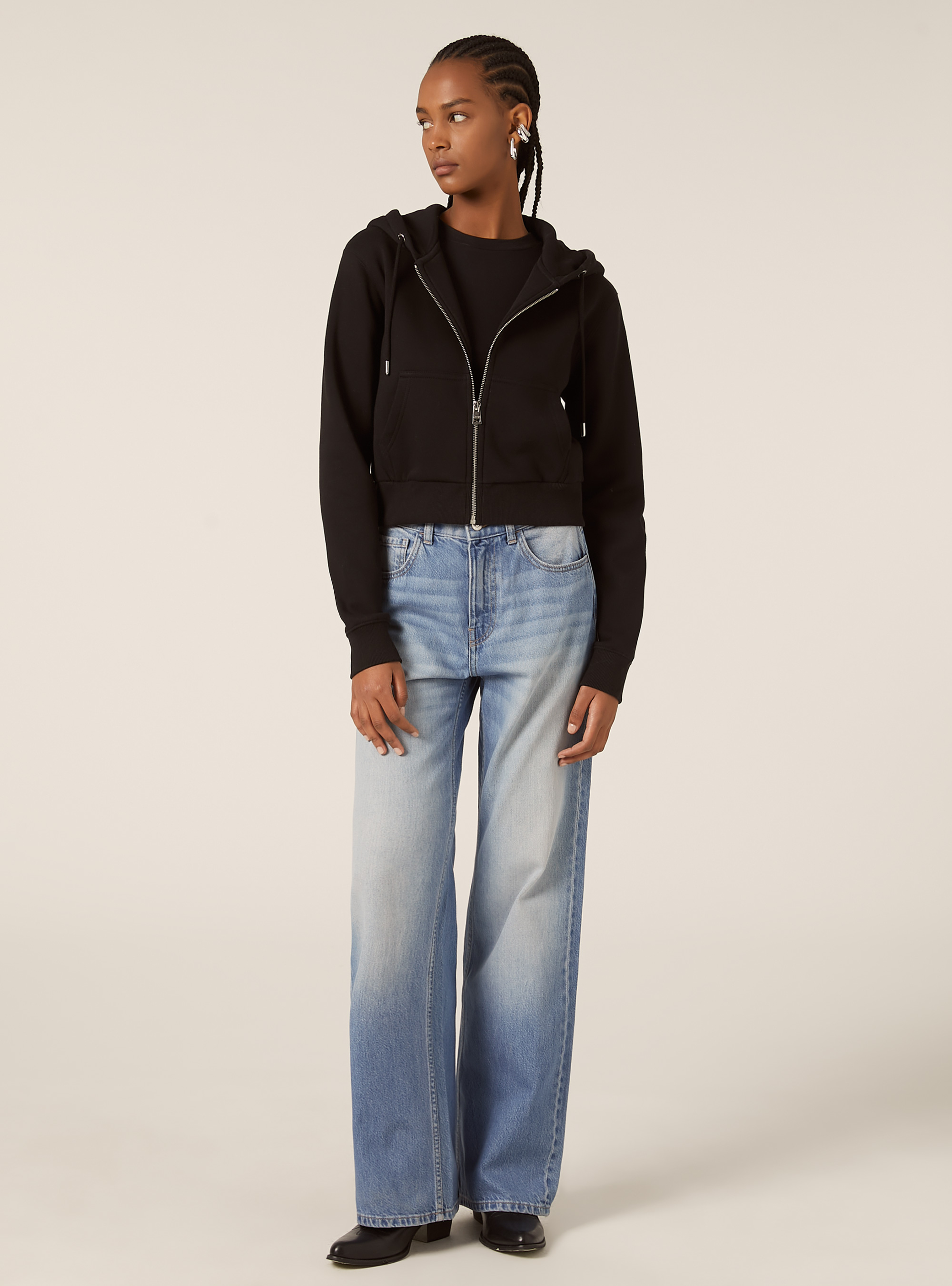 Sweat &agrave; capuche zipp&eacute; court, BK1 BLACK