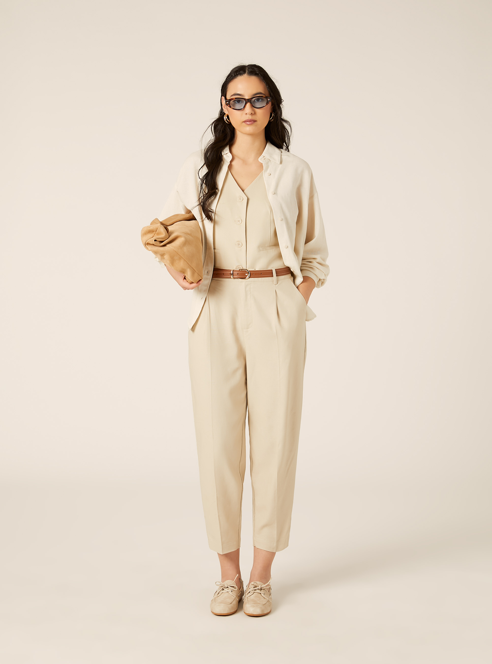 Chino-Hose aus Leinenmischung mit G&uuml;rtel, MBG2 BEIGE MEL MED