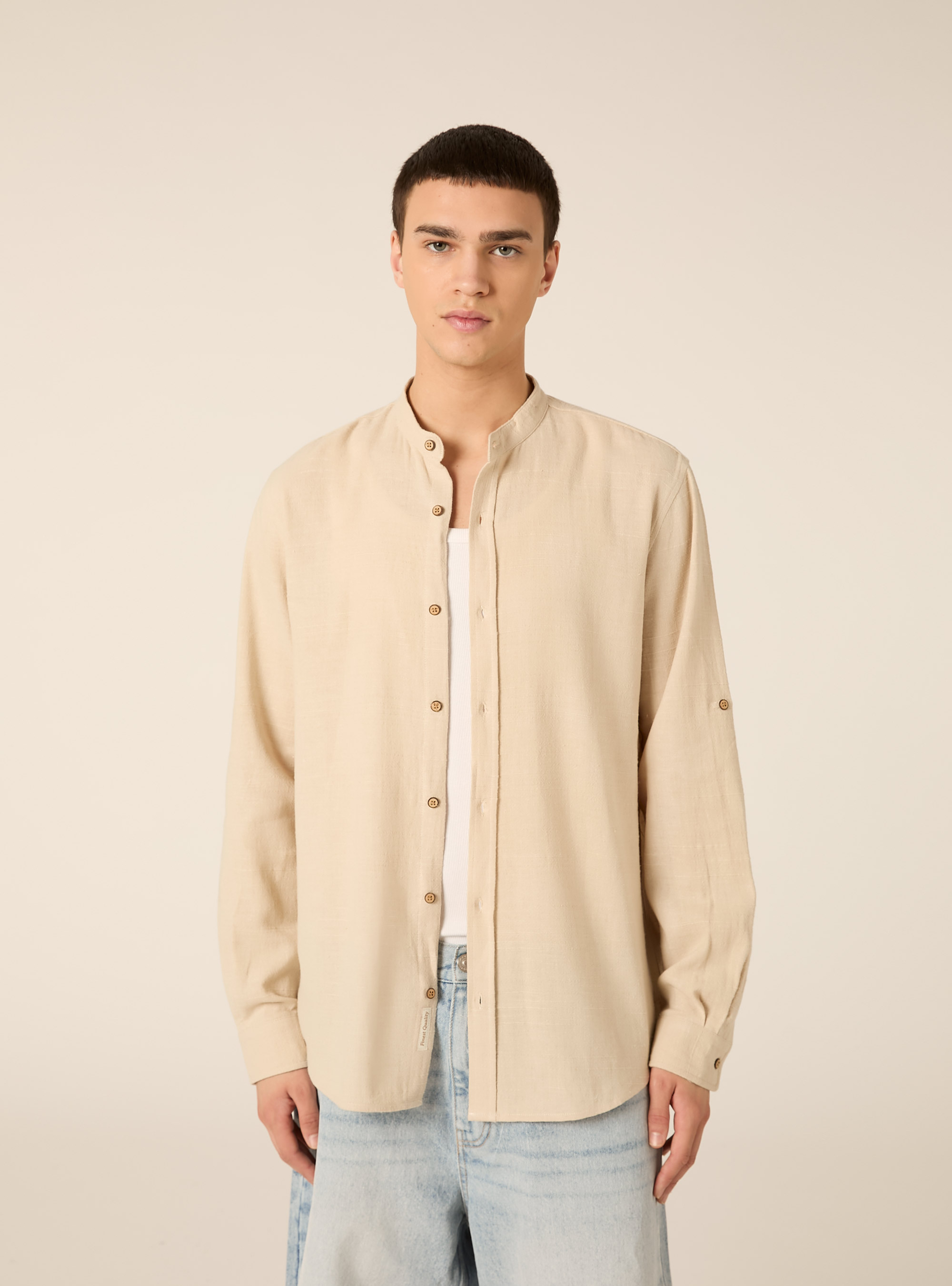Linen blend shirt with mandarin collar, BG3 BEIGE LIGHT