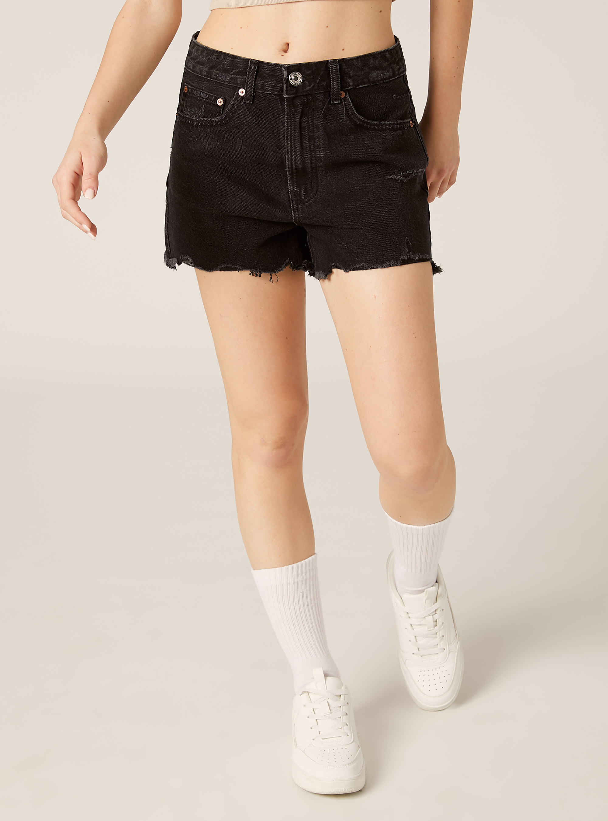 Shorts in denim a vita alta, D000 BLACK