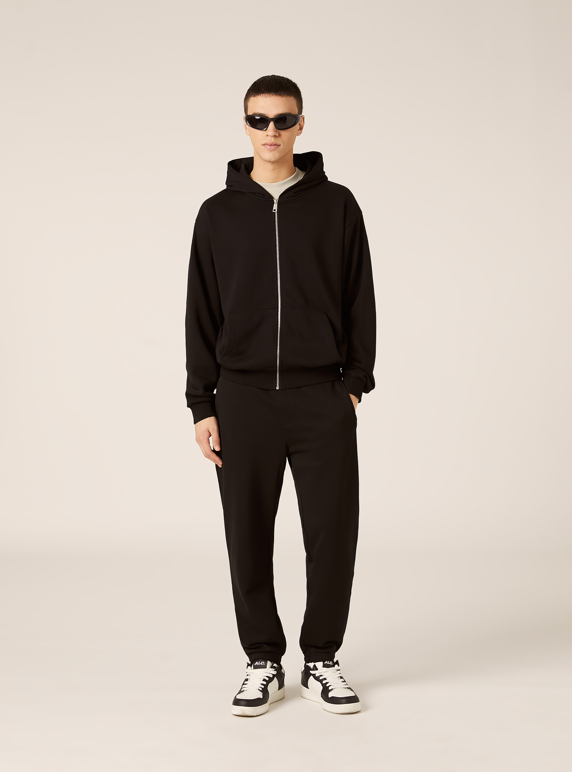 Felpa con zip e cappuccio boxy fit, NERO