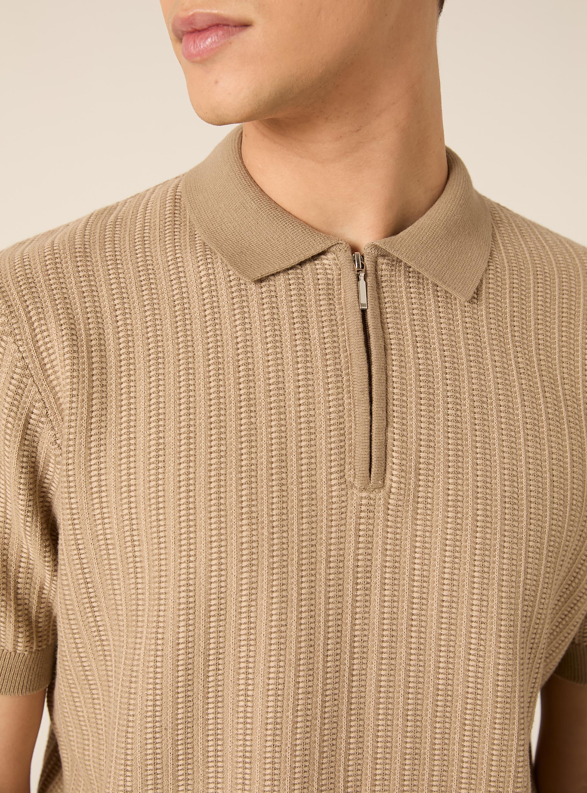 Strick-Polohemd mit Rei&szlig;verschluss, BG2 BEIGE MEDIUM