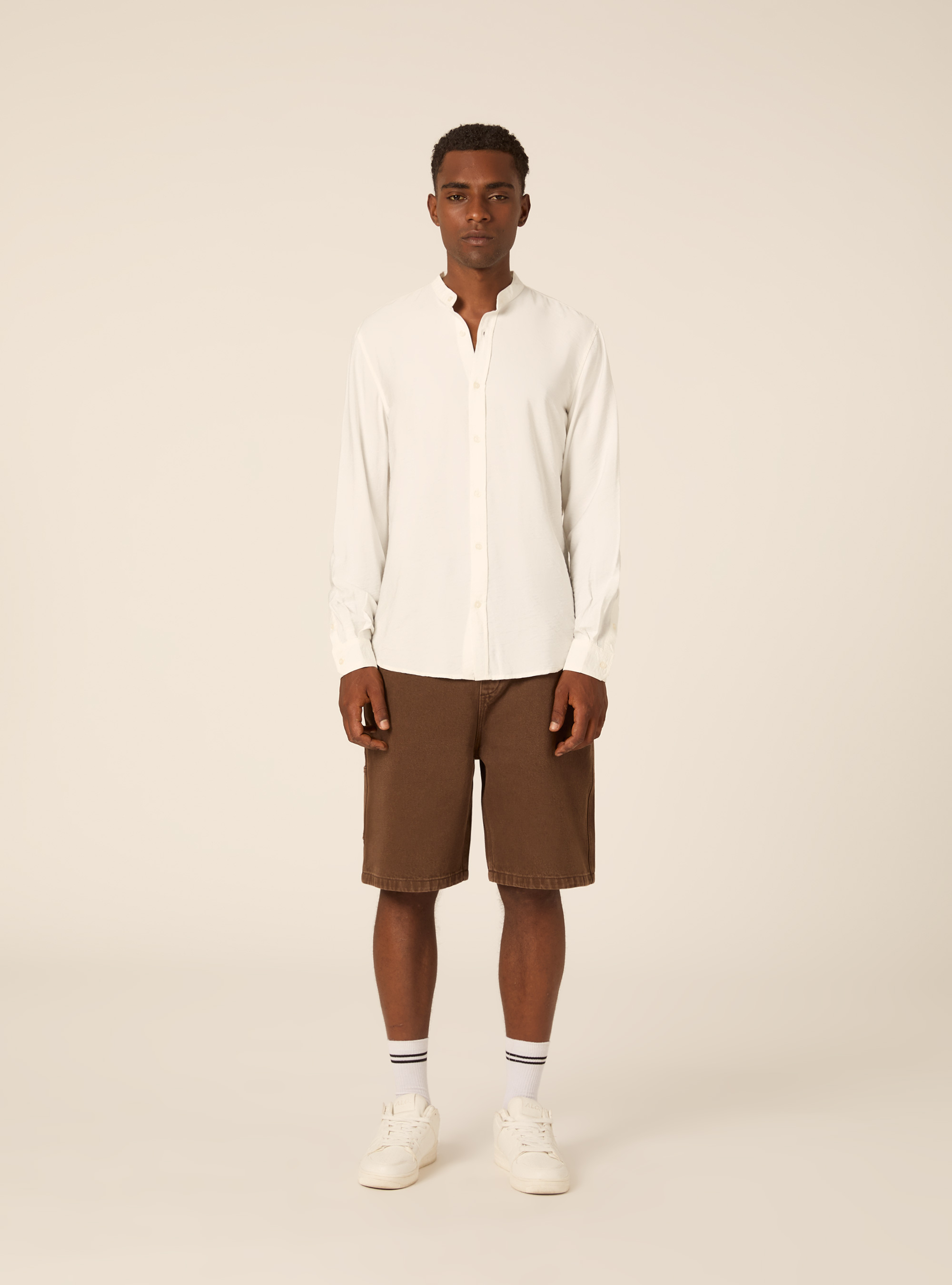 Regular Fit Mandarin Collar Shirt, WH1 OFF WHITE