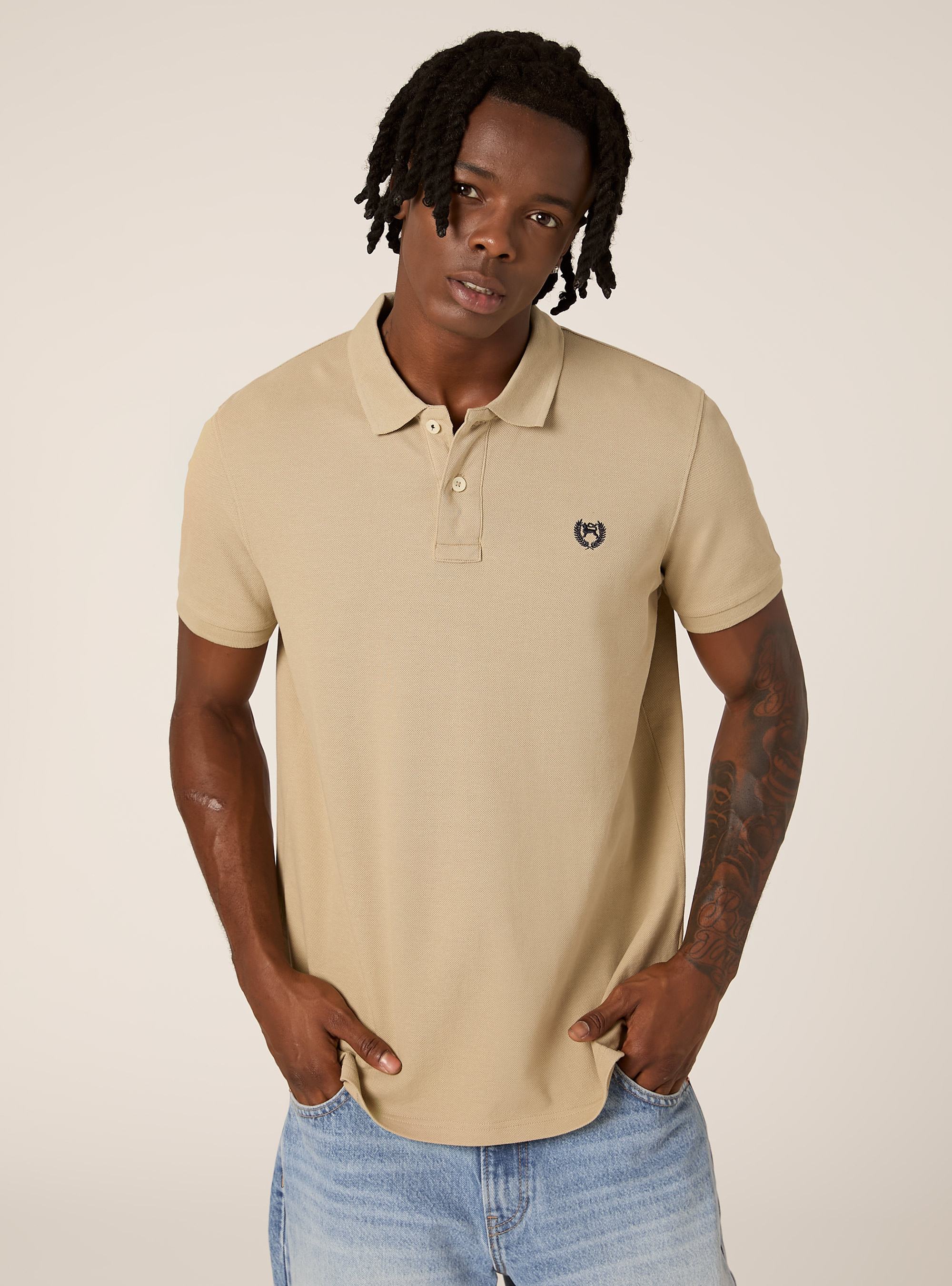 Polo in cotone piquet con ricamo, BEIGE MEDIO