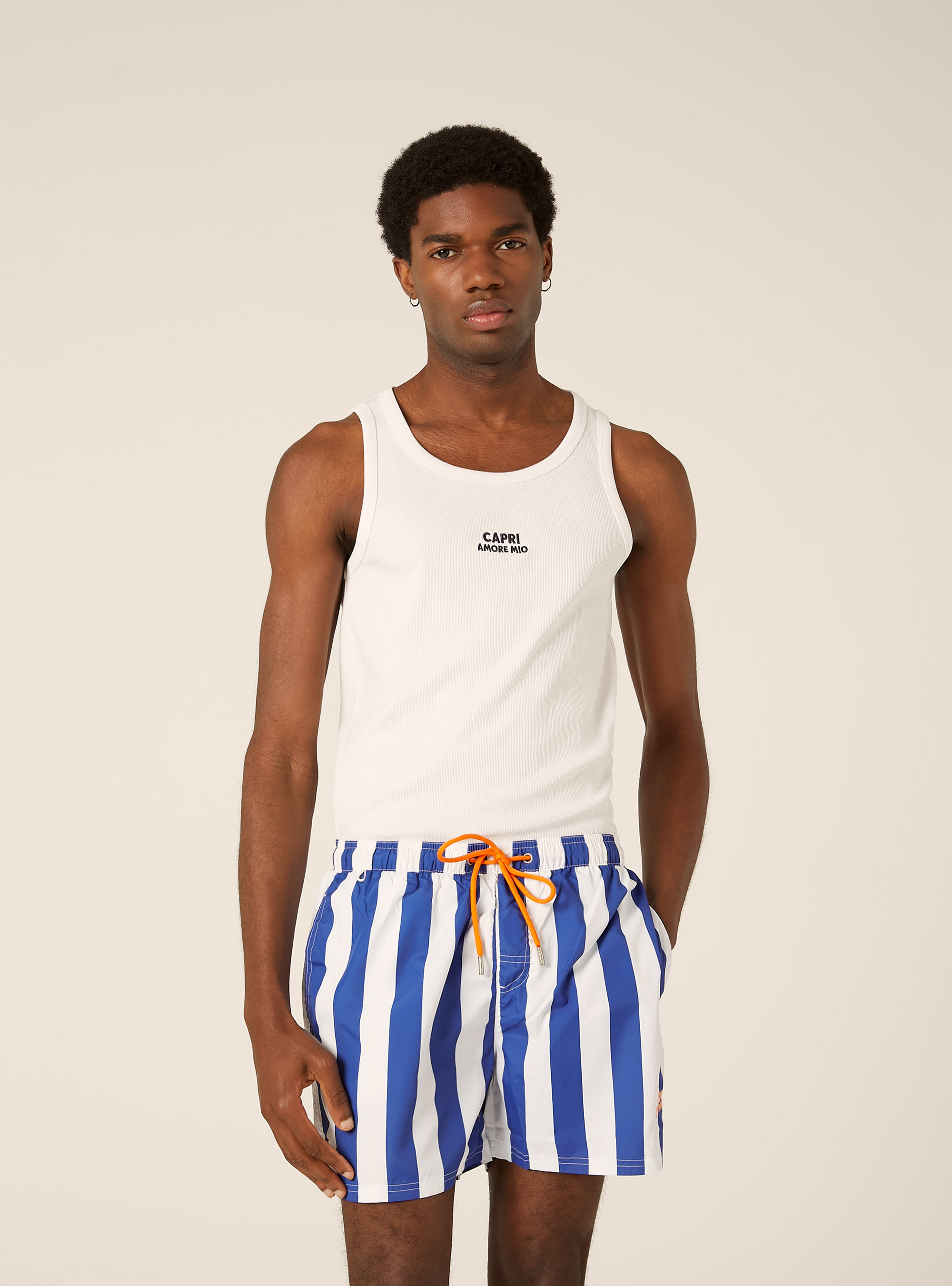 Costume rigato con stampa Capri, NAVY SCURO