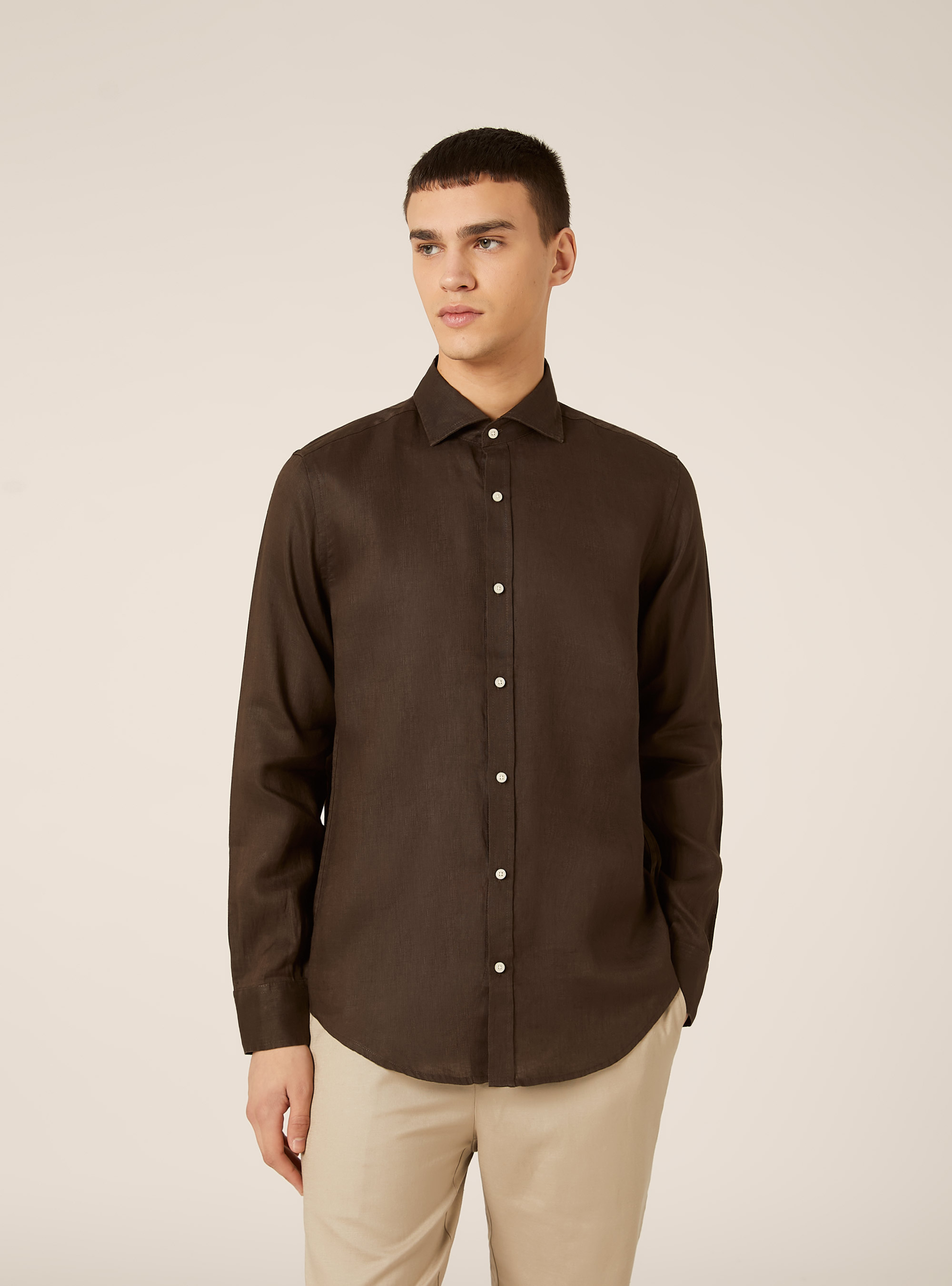 Camisa de lino puro de manga larga, BR2 BROWN MEDIUM