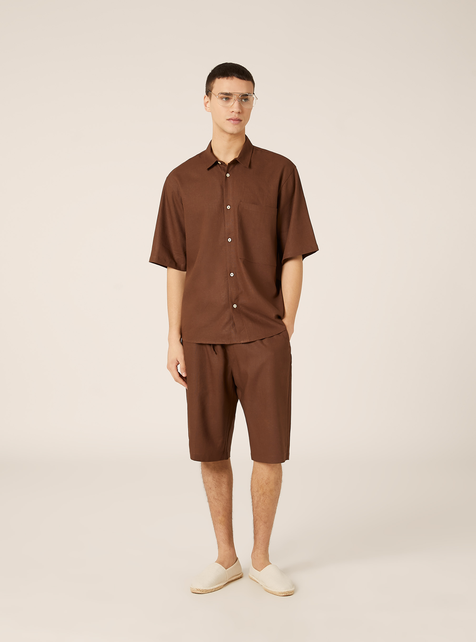 Linen Blend Shirt with Pocket, BR1 BROWN DARK