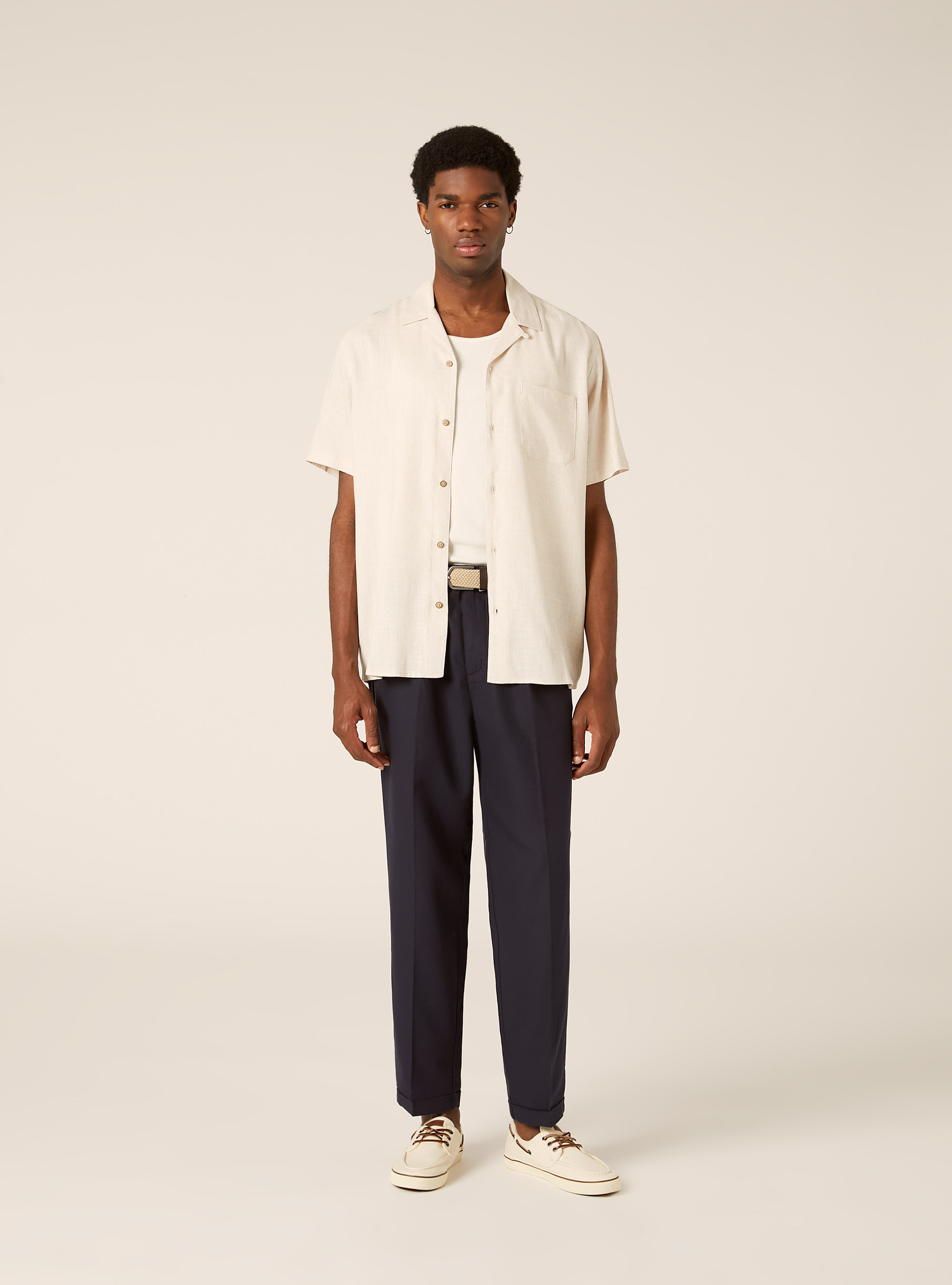 Linen blend shirt with bowling collar, MBG3 BEIGE MEL LIGHT