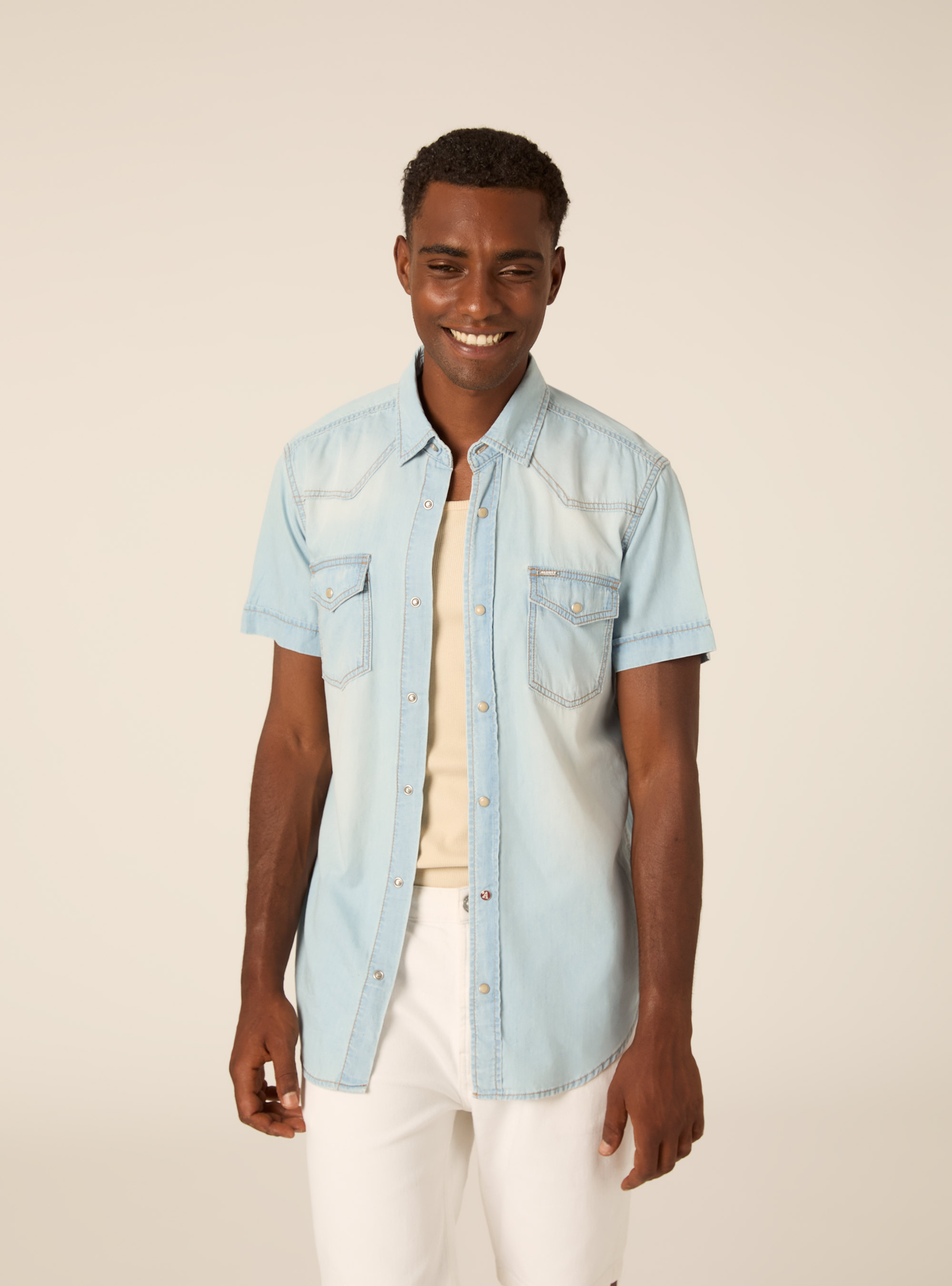Short Sleeve Western Denim Shirt, D006 AZURE